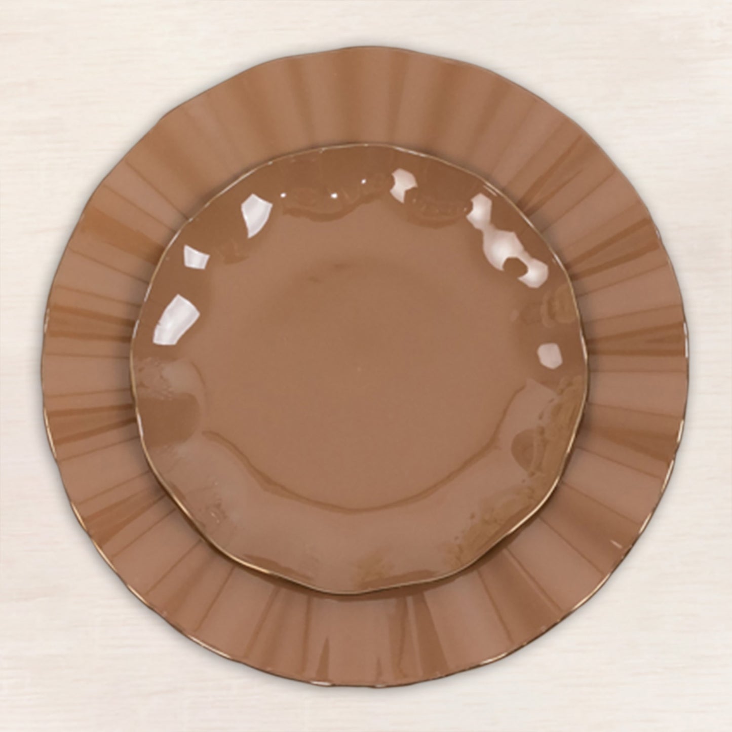 10 Pack 6" Heavy Duty Disposable Salad Plates with Gold Ruffled Rim, Coffee Brown Disposable Round Dinnerware