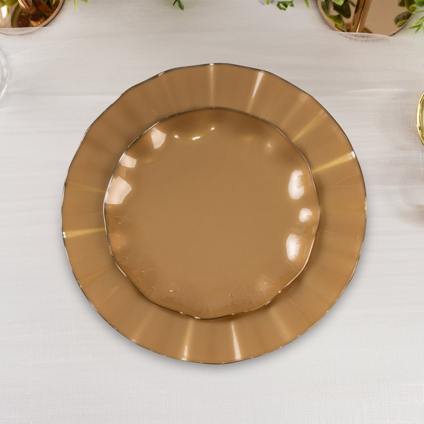 10 Pack 6" Gold Heavy Duty Disposable Salad Plates with Gold Ruffled Rim, Heavy Duty Disposable Appetizer Dessert Dinnerware