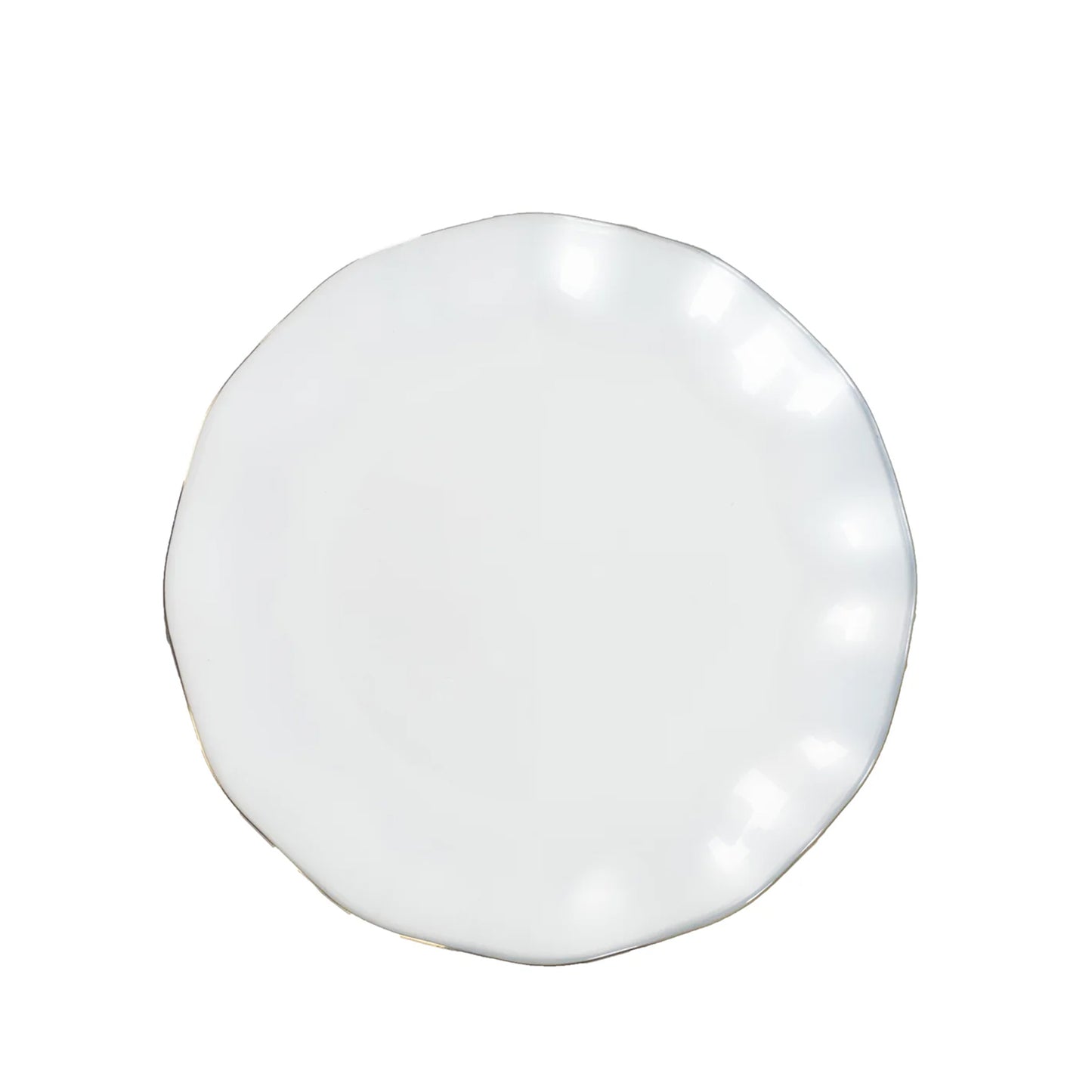 Pearl white ruffled rim dessert plate with gold edging.