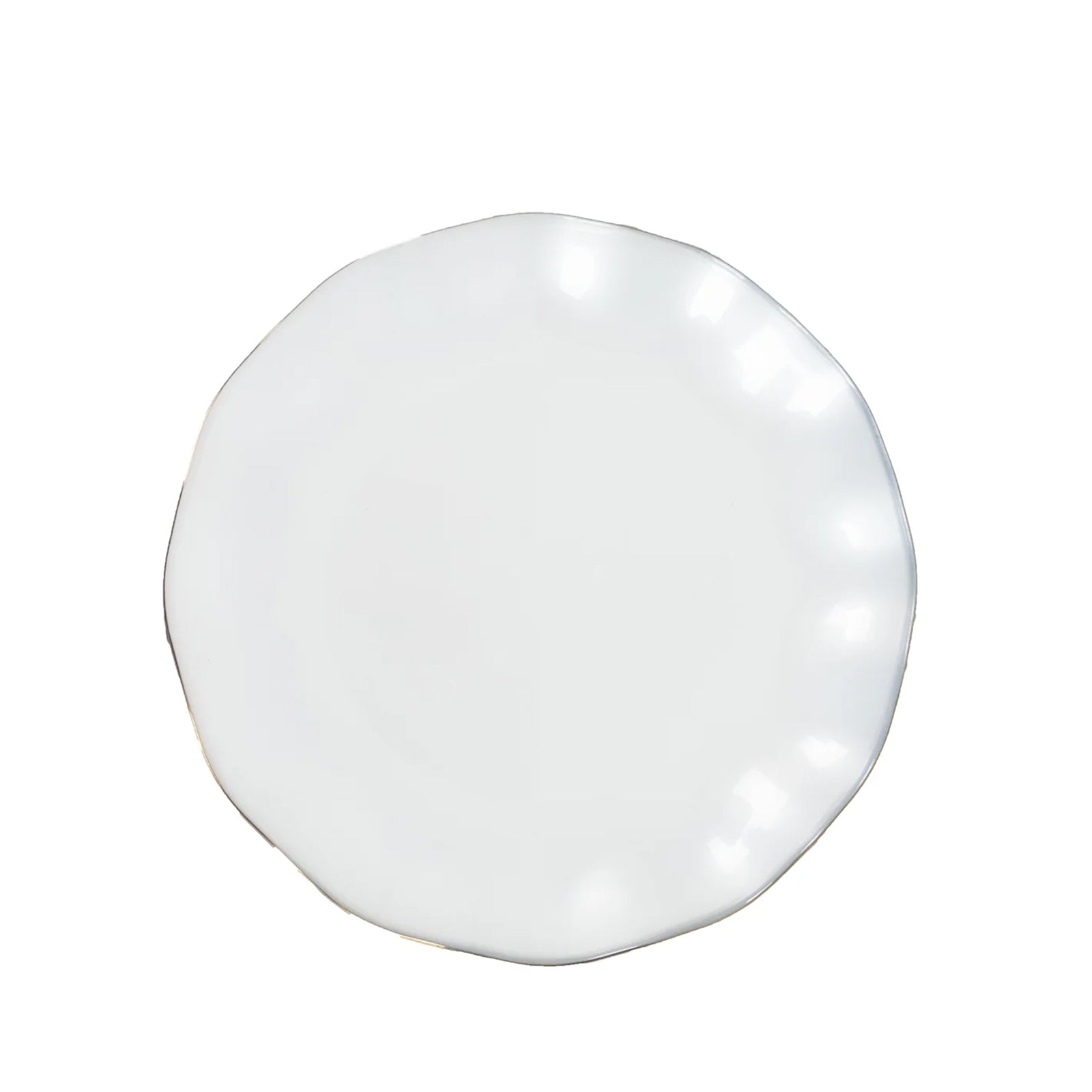 Pearl white ruffled rim dessert plate with gold edging.
