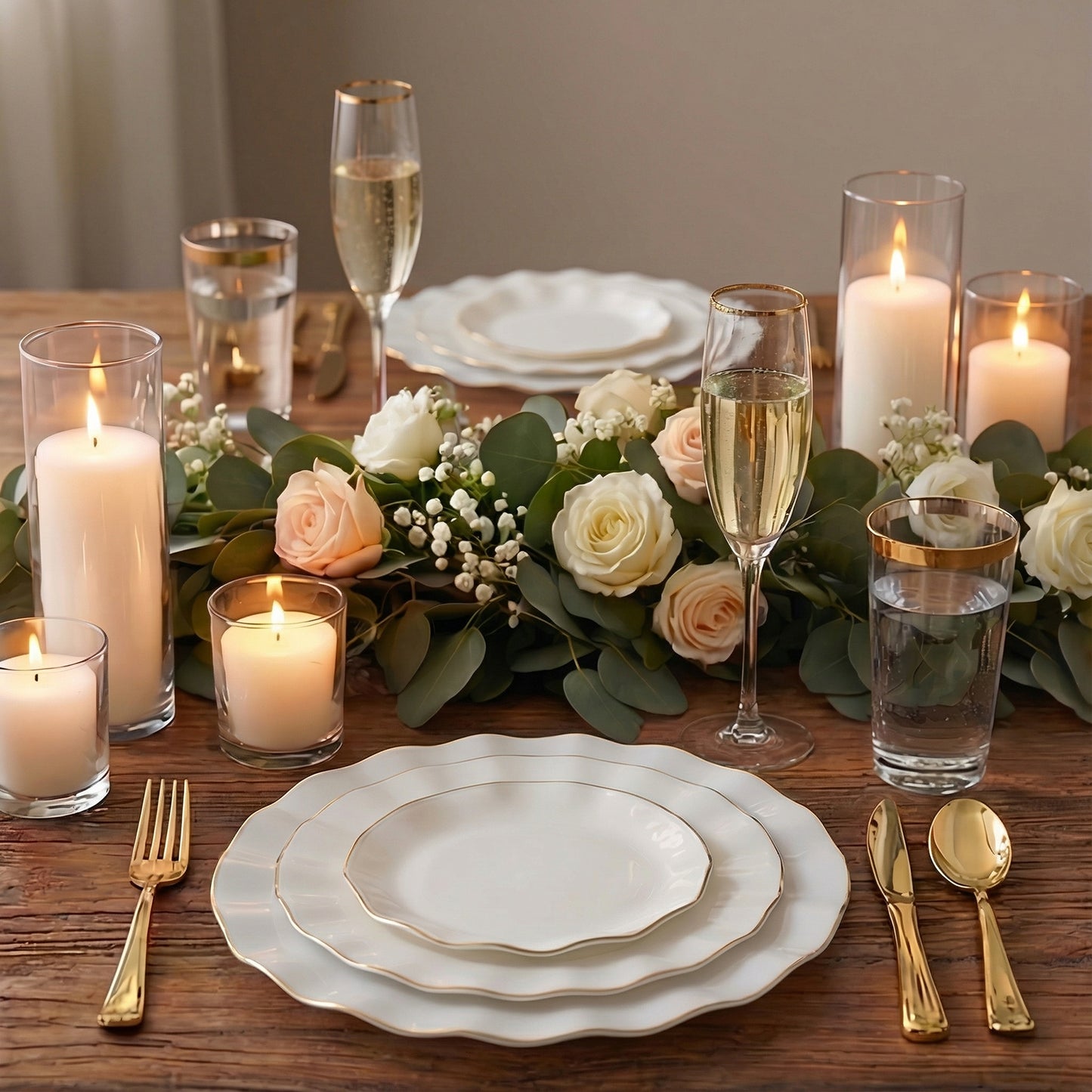 Pearl white ruffled rim dessert plates with gold edging on a table setting.