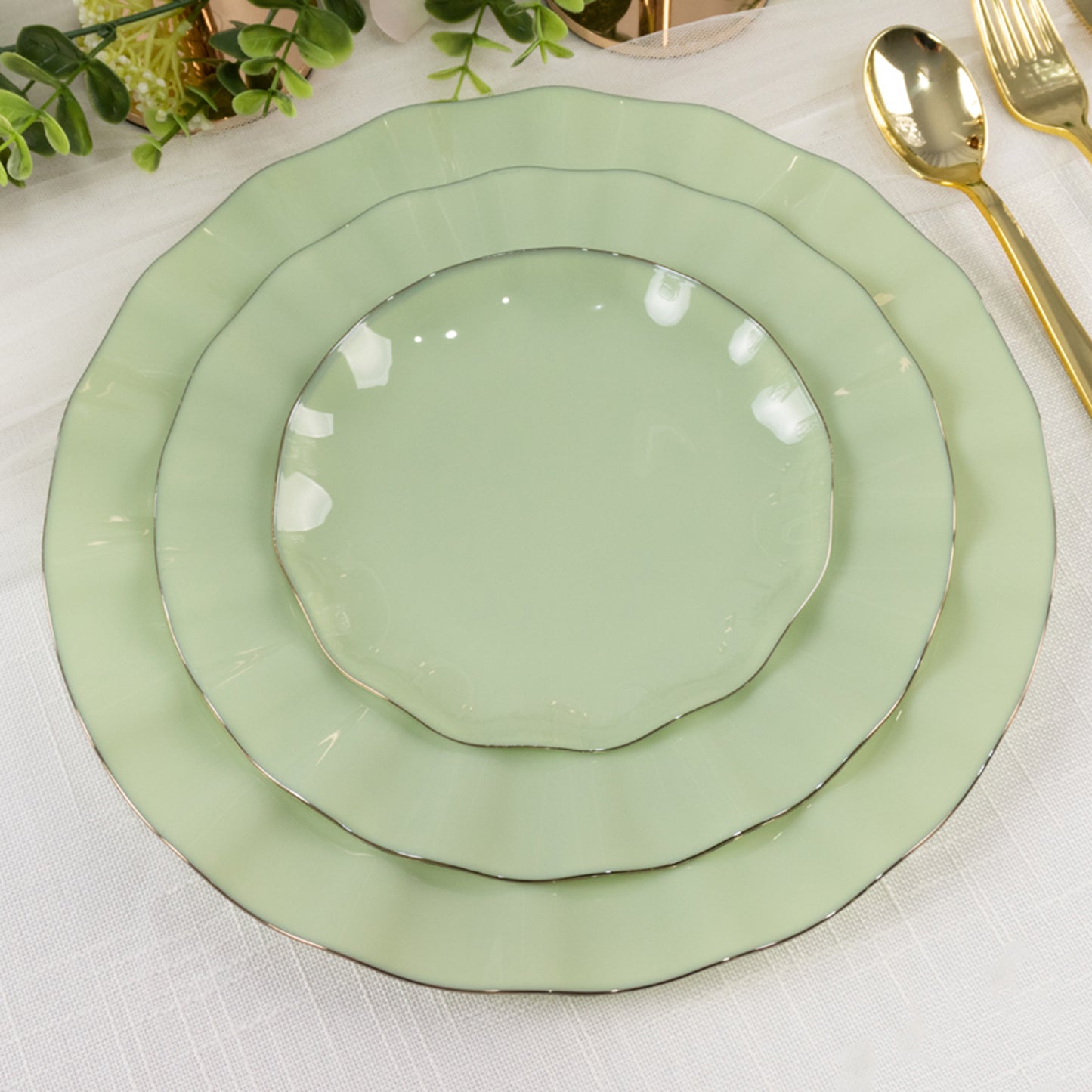 10 Pack 6" Sage Green Heavy Duty Disposable Salad Plates with Gold Ruffled Rim, Heavy Duty Disposable Appetizer Dessert Dinnerware