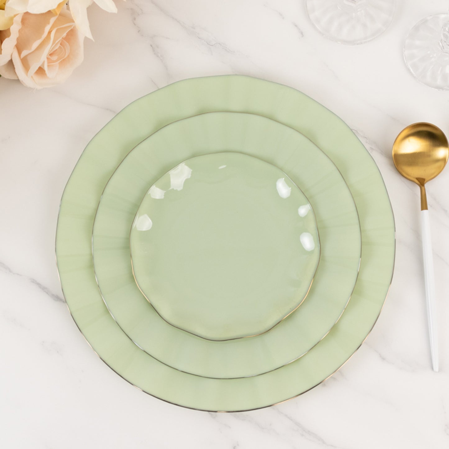 10 Pack 6" Sage Green Heavy Duty Disposable Salad Plates with Gold Ruffled Rim, Heavy Duty Disposable Appetizer Dessert Dinnerware