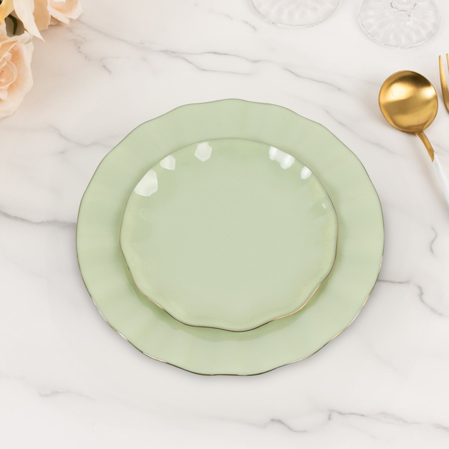 10 Pack 6" Sage Green Heavy Duty Disposable Salad Plates with Gold Ruffled Rim, Heavy Duty Disposable Appetizer Dessert Dinnerware