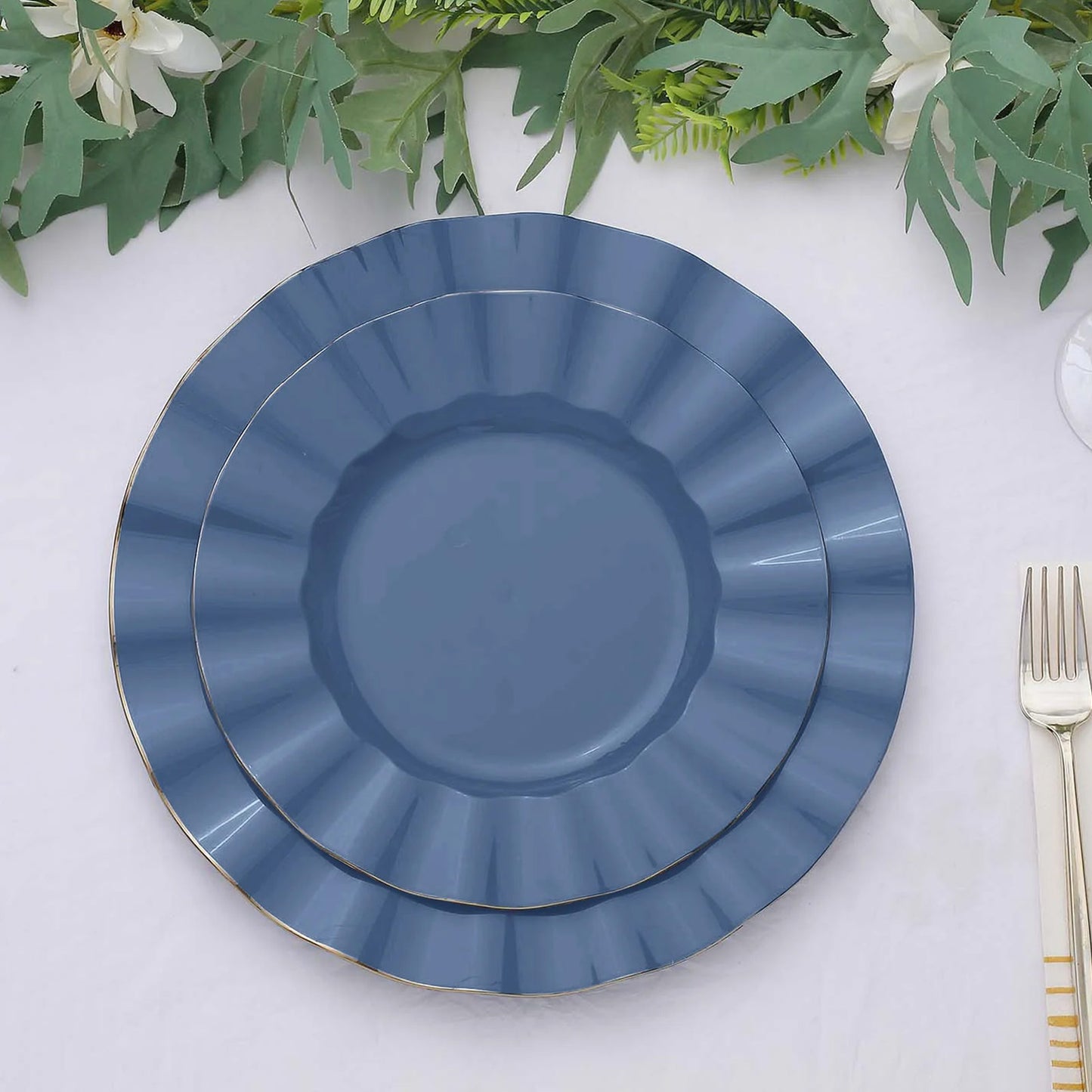 10 Pack | 9" Ocean Blue Hard Plastic Dinner Plates with Gold Ruffled Rim, Heavy Duty Disposable Dinnerware