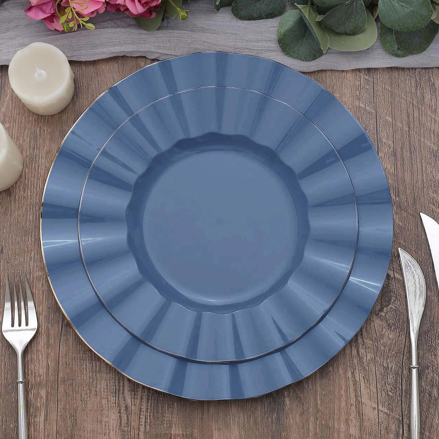 10 Pack | 9" Ocean Blue Hard Plastic Dinner Plates with Gold Ruffled Rim, Heavy Duty Disposable Dinnerware