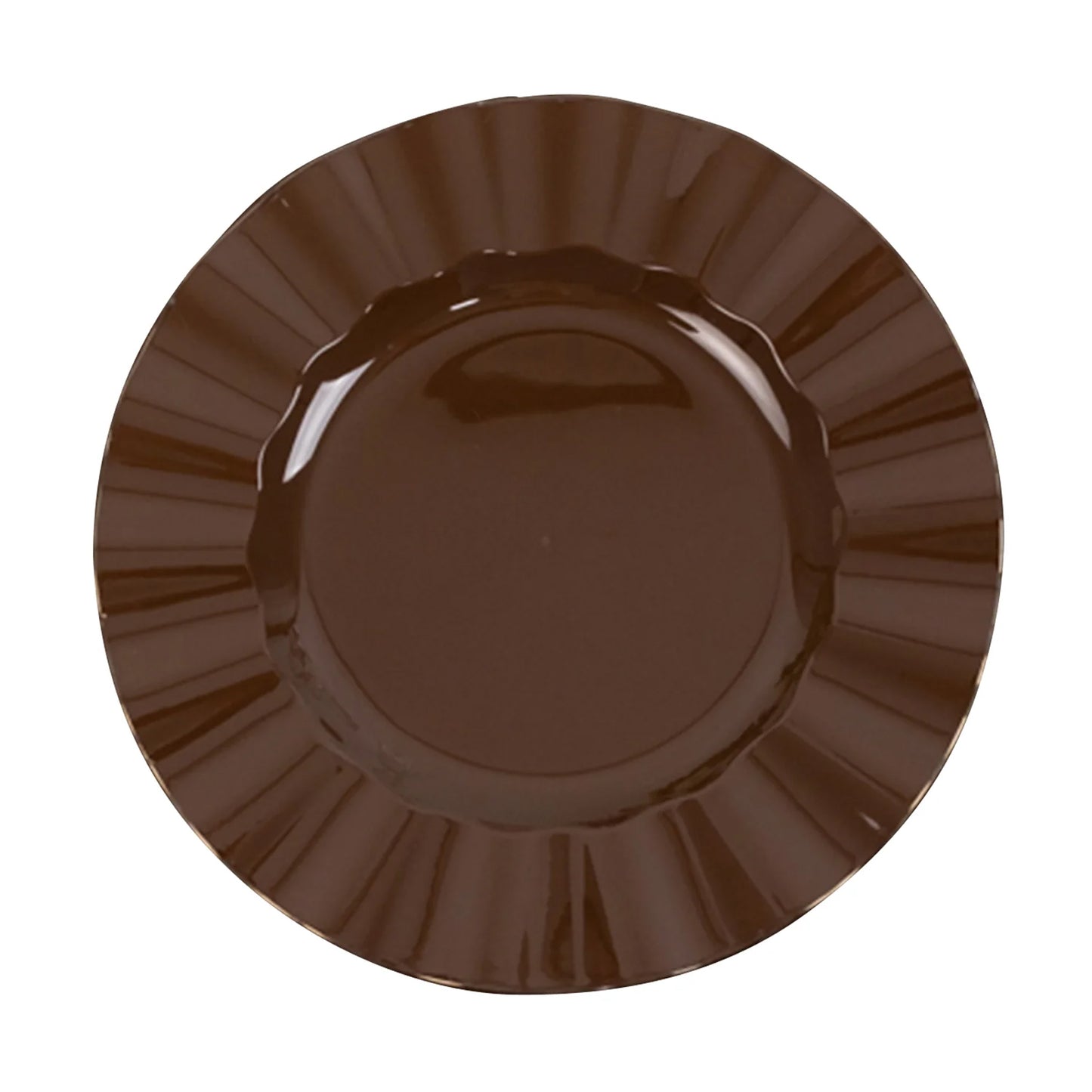 Cinnamon brown heavy duty disposable dinner plate with gold ruffled rim.
