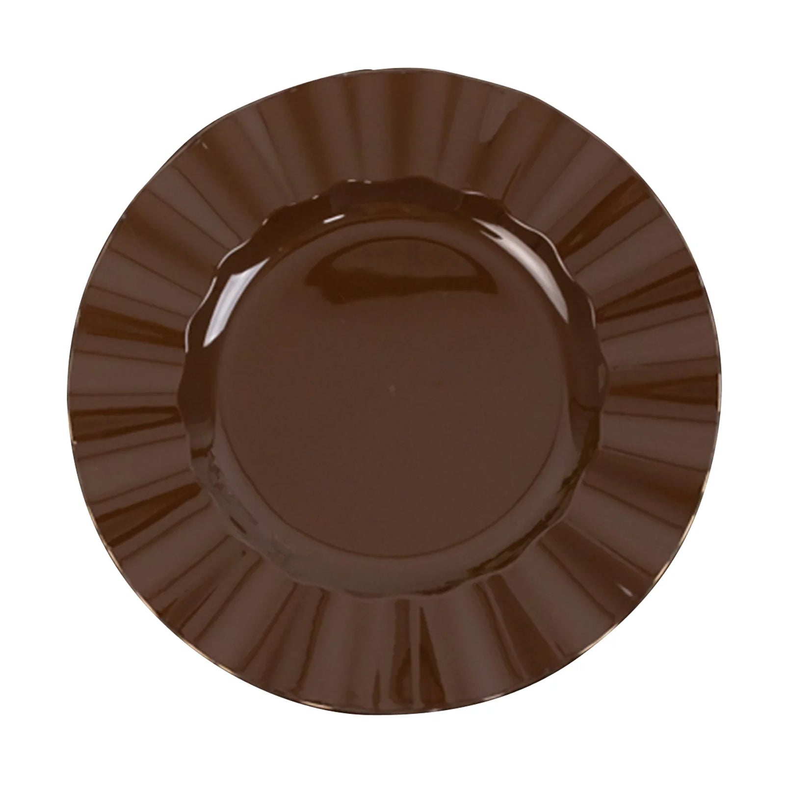 Cinnamon brown heavy duty disposable dinner plate with gold ruffled rim.