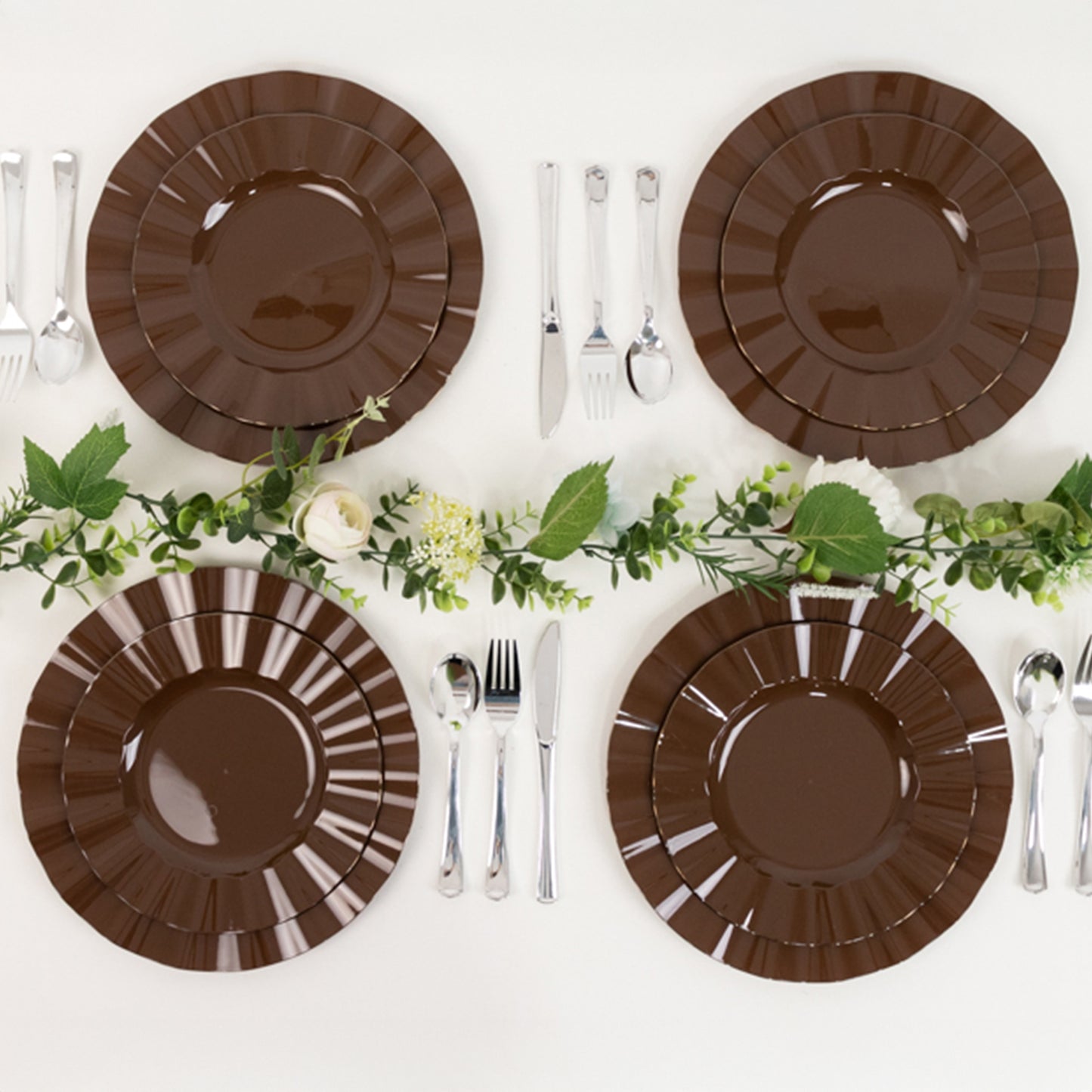Cinnamon brown heavy duty disposable dinner plates with gold ruffled rim.