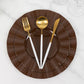 Cinnamon brown heavy duty disposable dinner plate with gold ruffled rim.