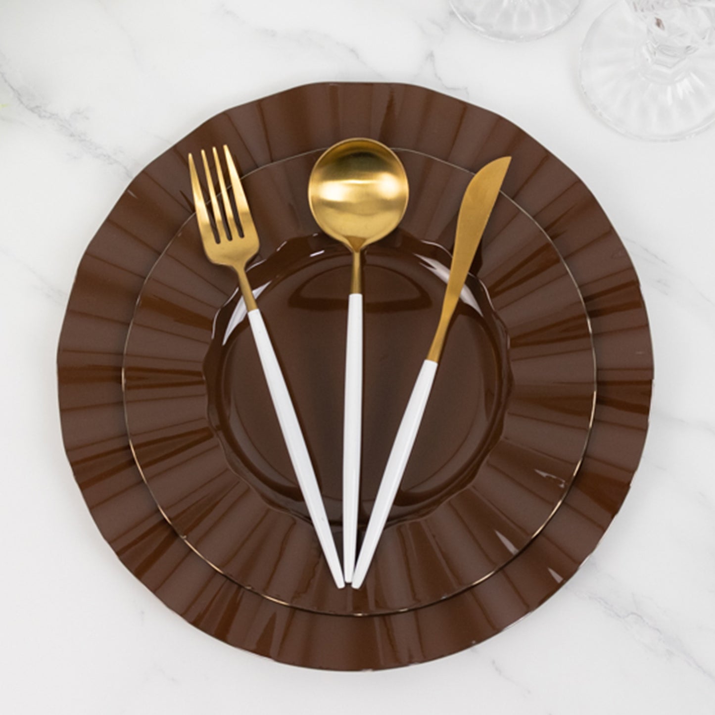 Cinnamon brown heavy duty disposable dinner plate with gold ruffled rim.