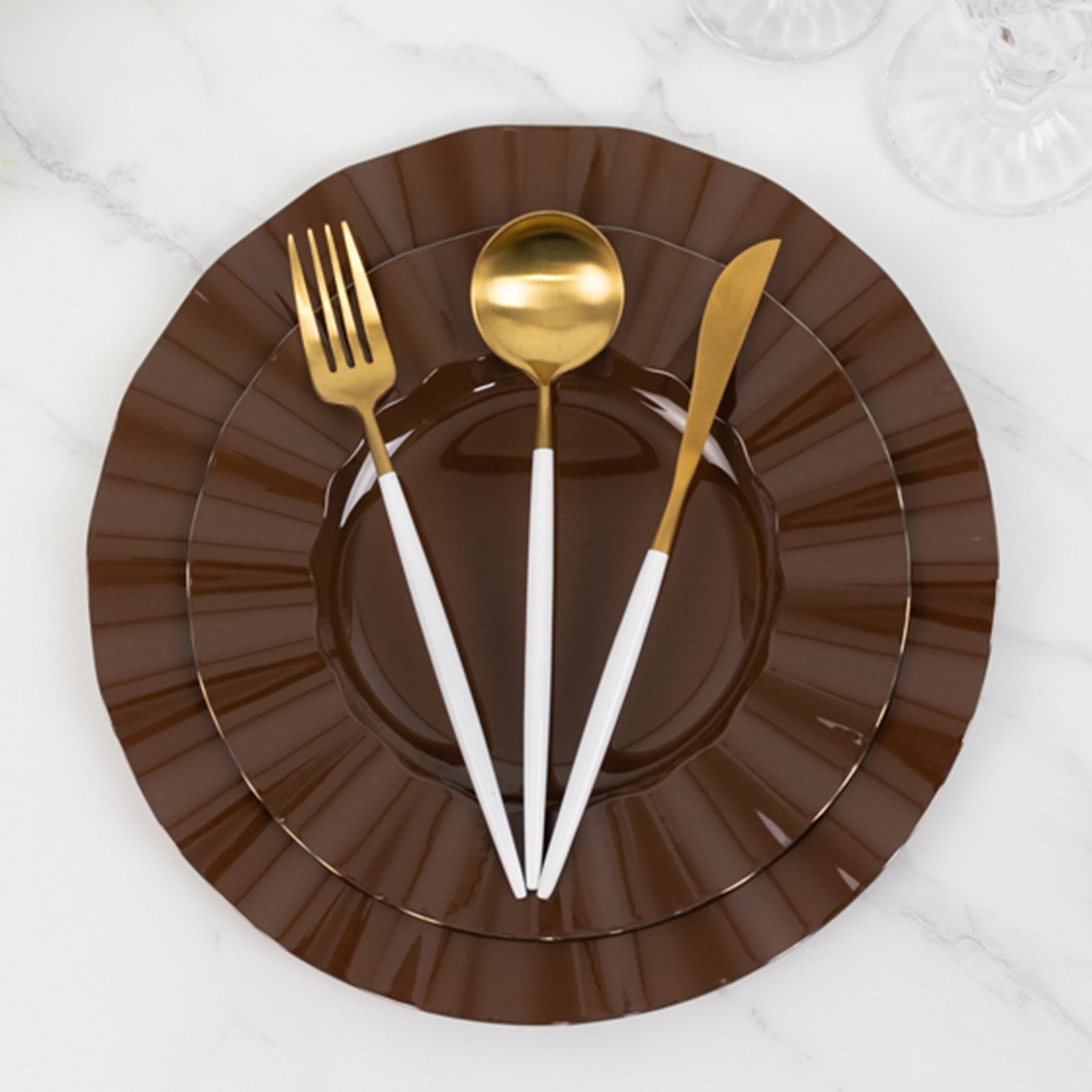 Cinnamon brown heavy duty disposable dinner plate with gold ruffled rim.