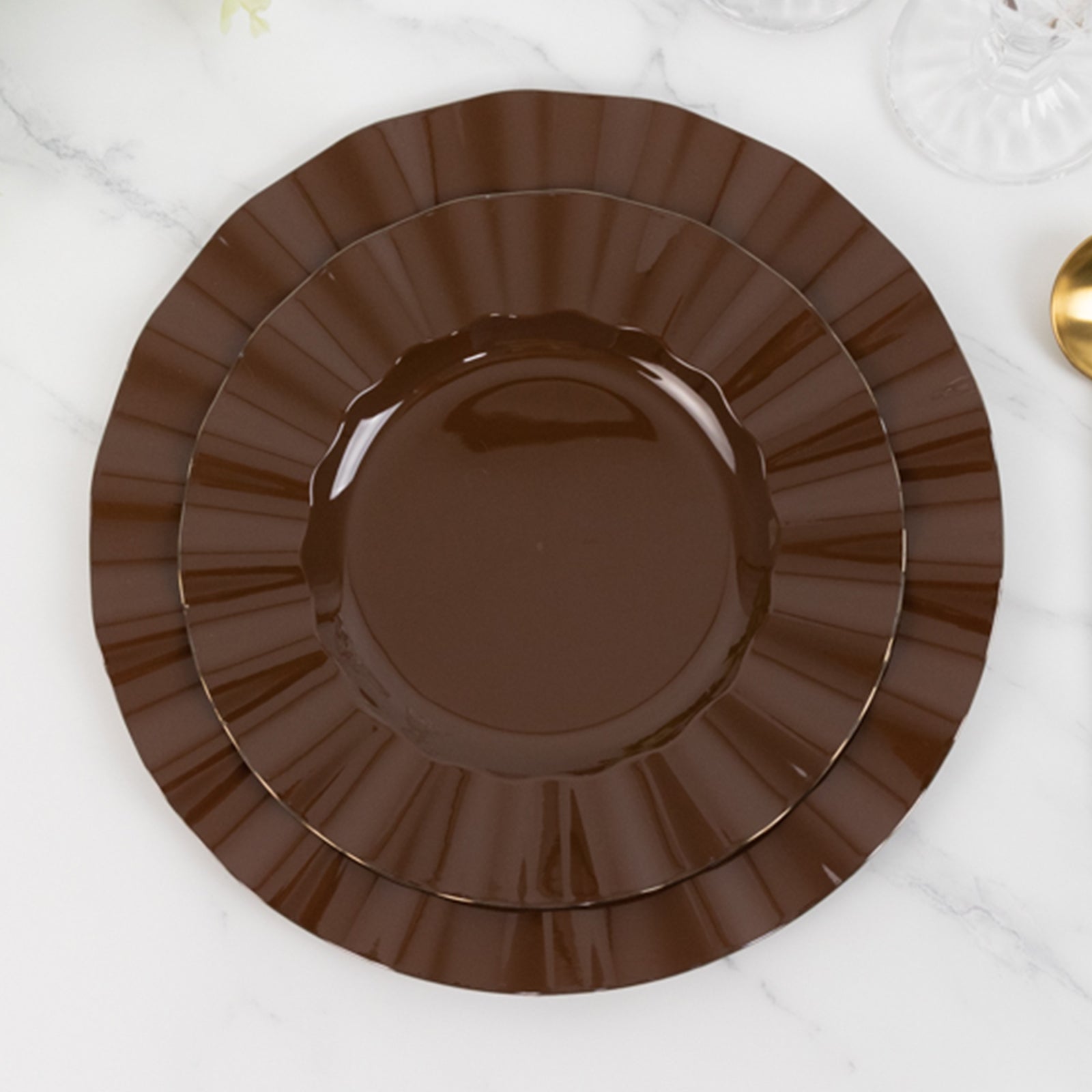 Cinnamon brown heavy duty disposable dinner plates with gold ruffled rim.