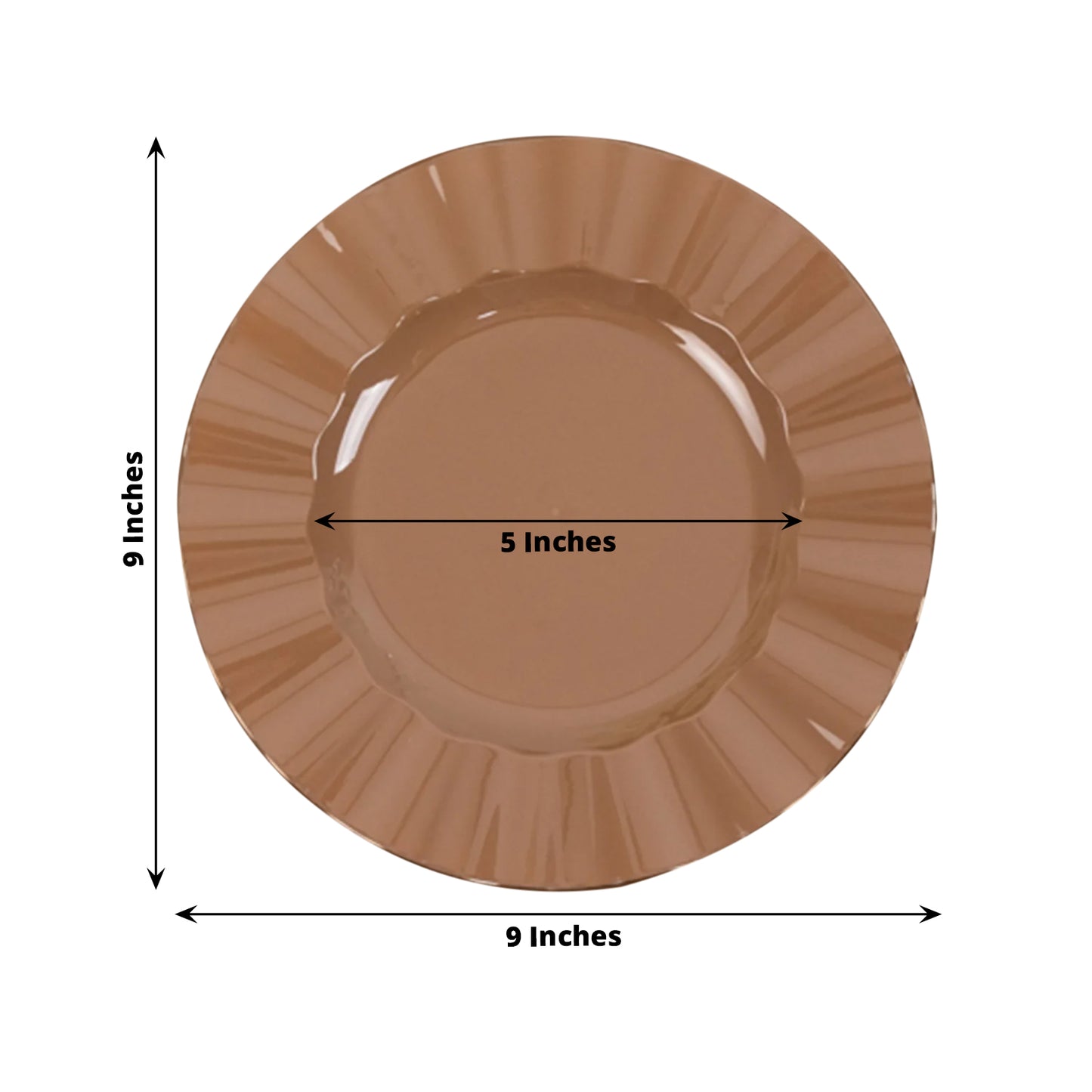 Coffee brown heavy duty disposable dinner plate with gold ruffled rim.