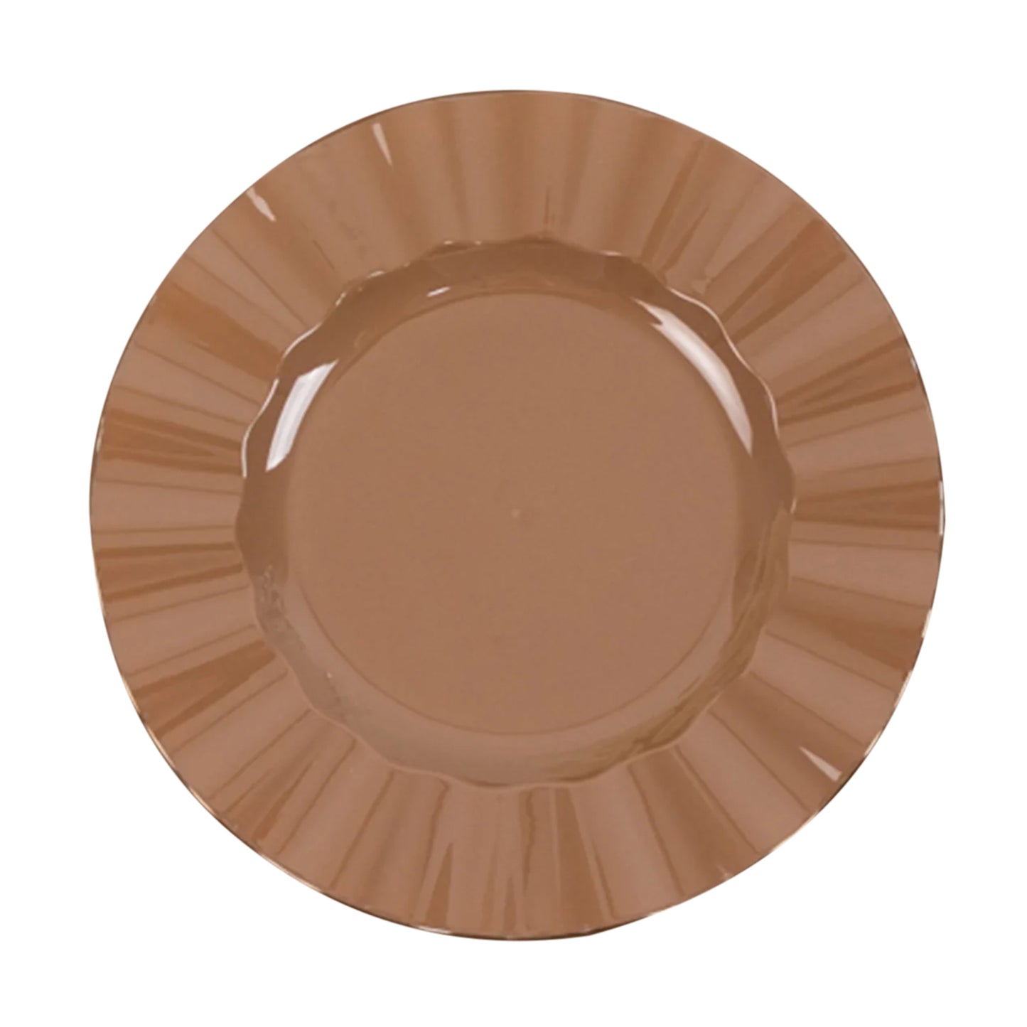 Coffee brown heavy duty disposable dinner plate with gold ruffled rim.