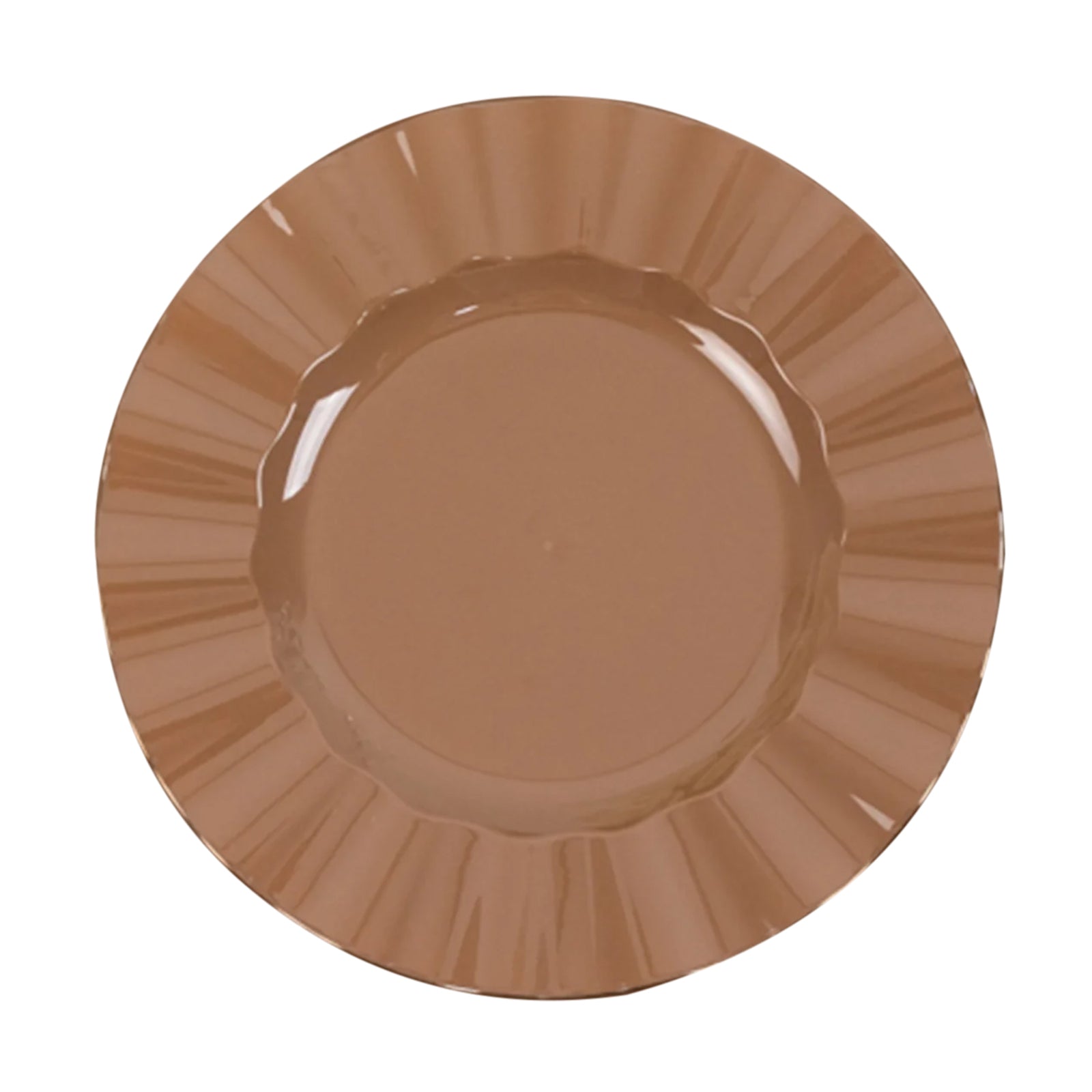 Coffee brown heavy duty disposable dinner plate with gold ruffled rim.