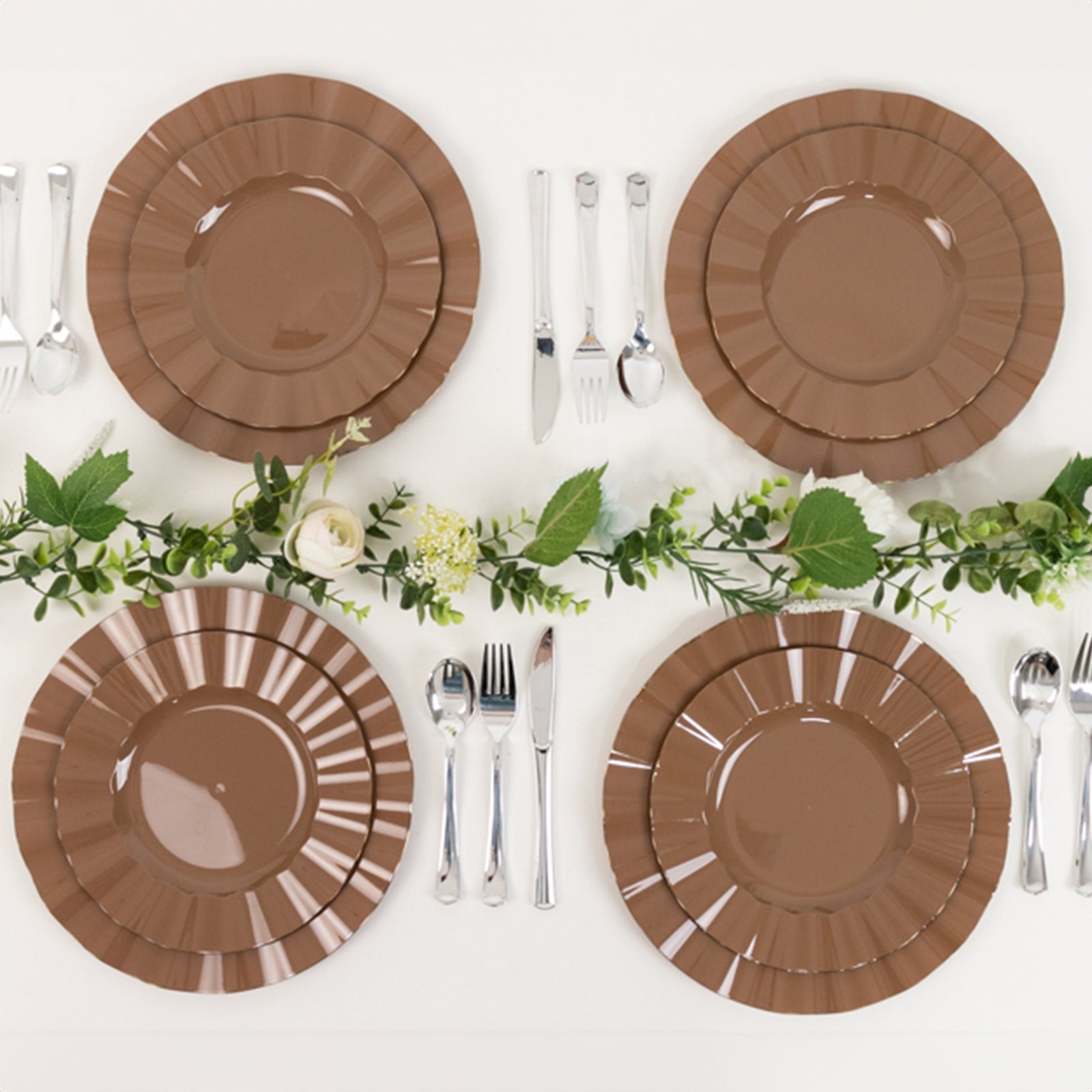 Coffee brown disposable dinner plates with gold ruffled rim.