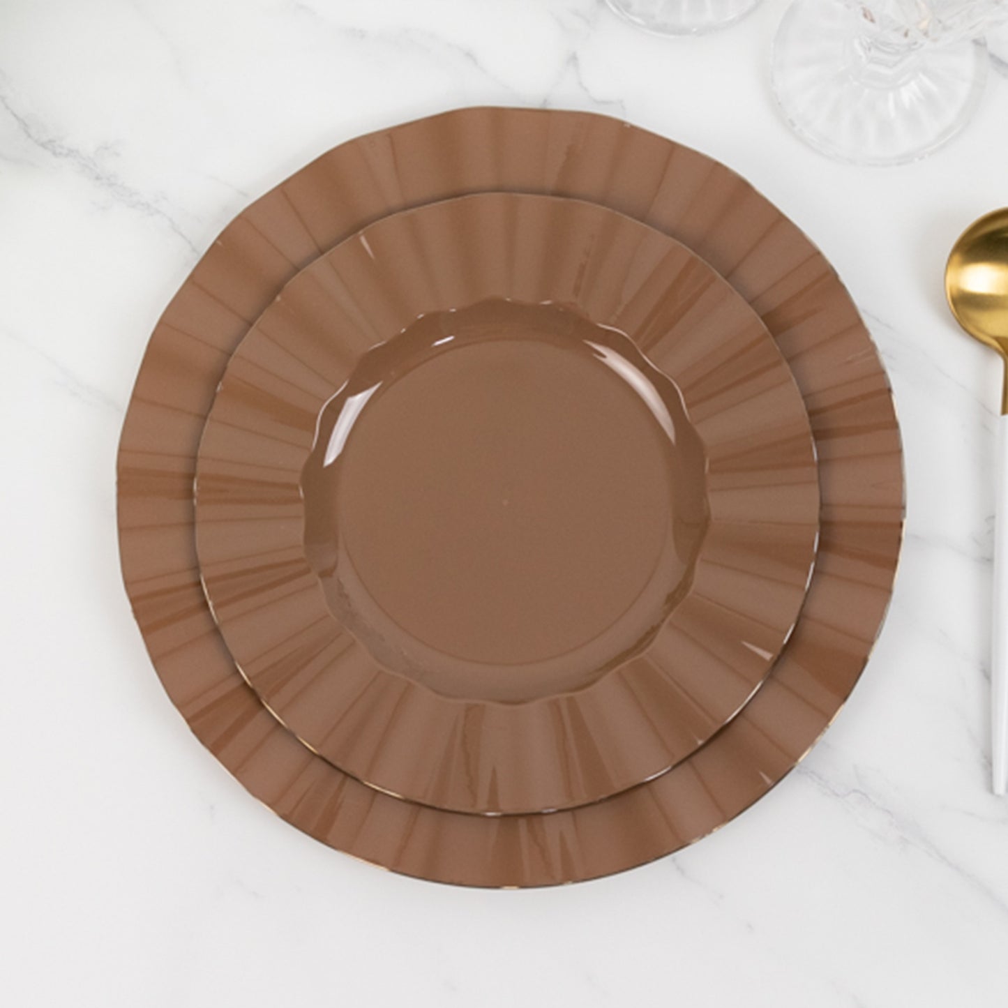 Coffee brown disposable dinner plates with gold ruffled rim.