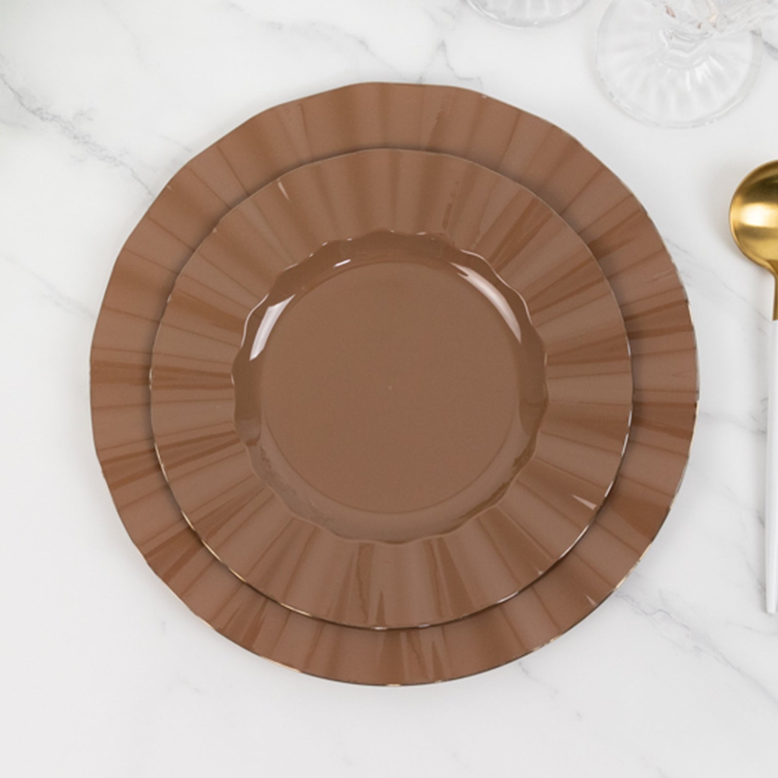 Coffee brown disposable dinner plates with gold ruffled rim.