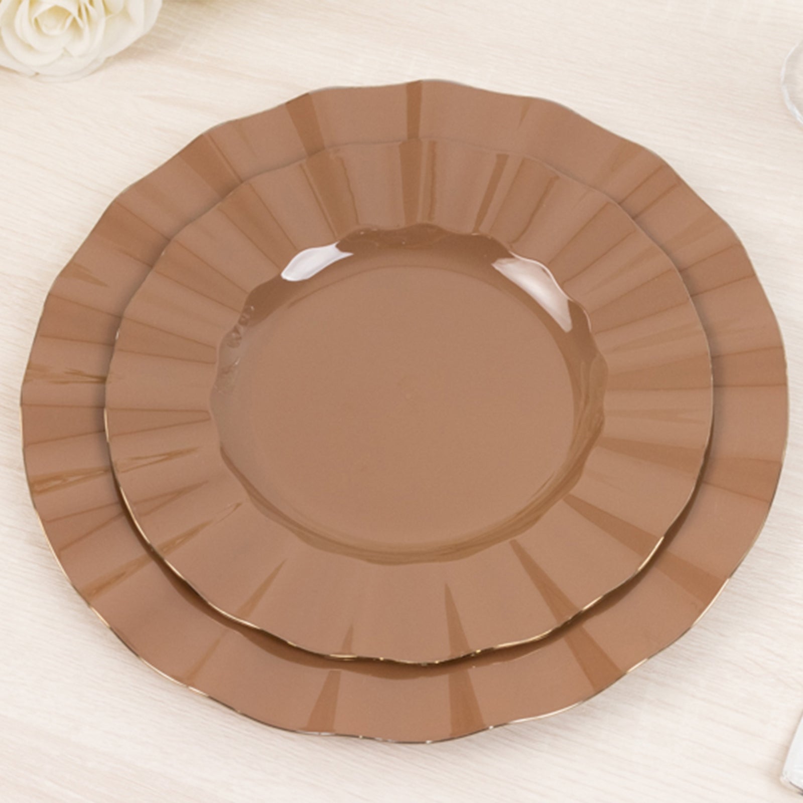 Coffee brown disposable dinner plates with gold ruffled rim.