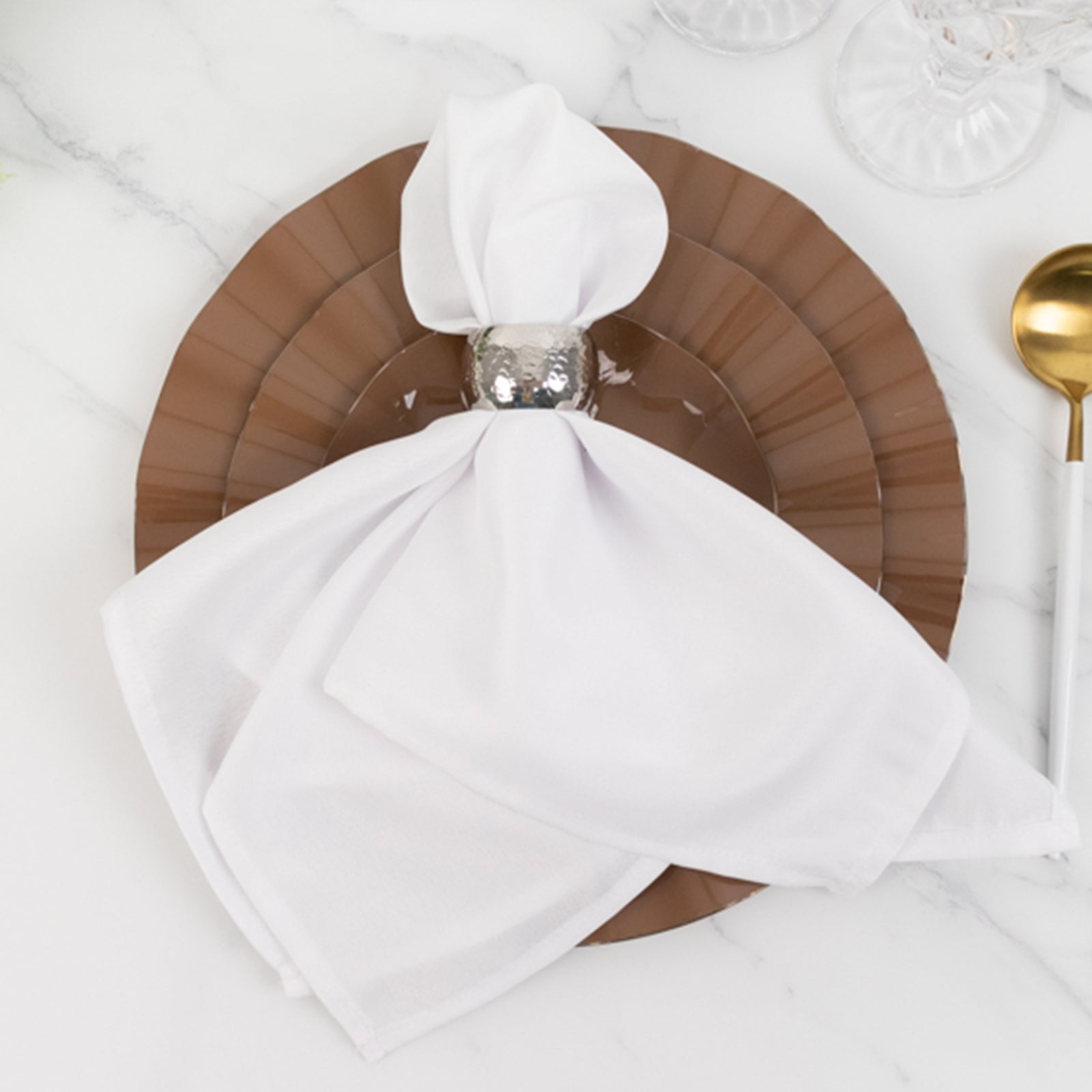 Coffee brown heavy-duty disposable dinner plate with gold ruffled rim.
