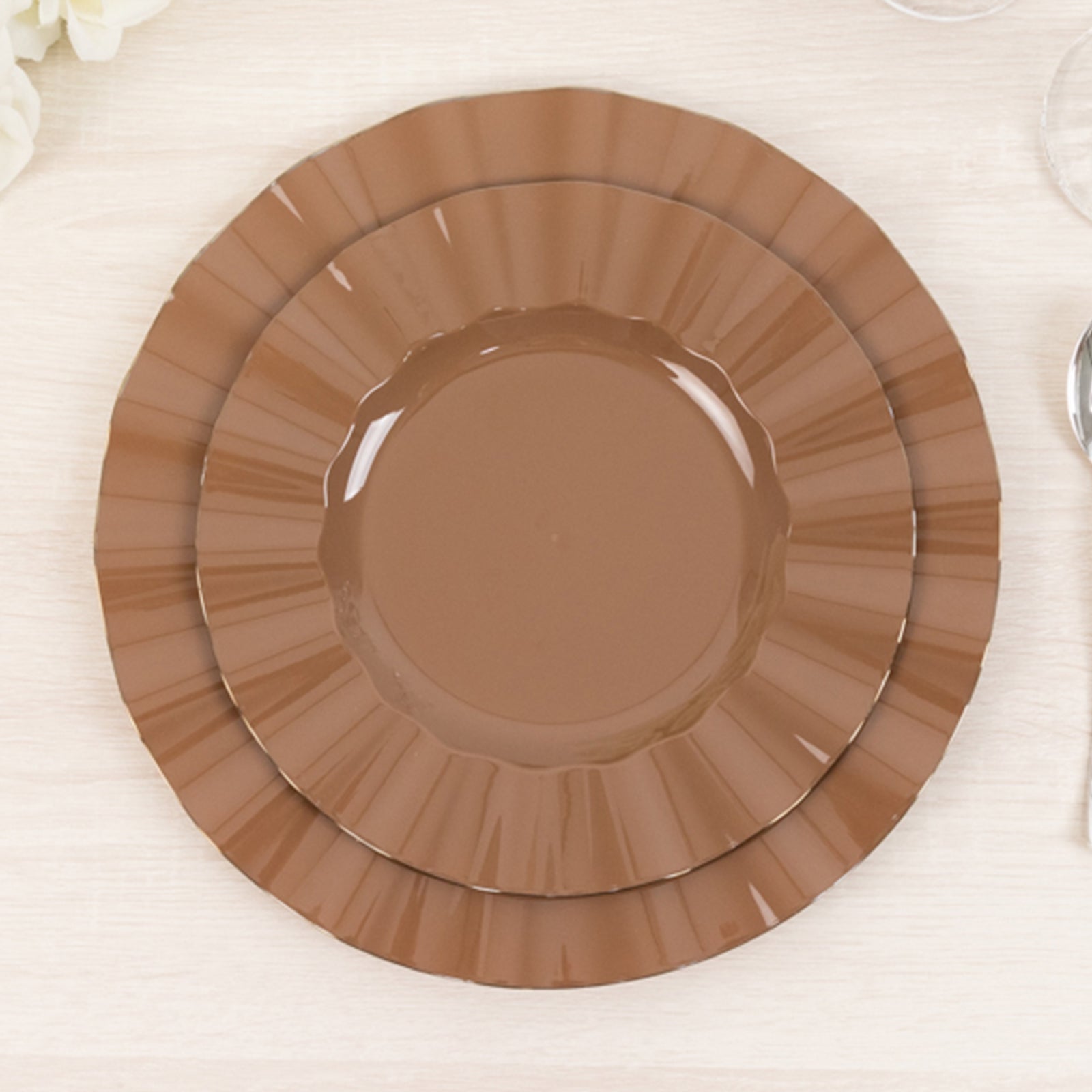 Coffee brown heavy duty disposable dinner plates with gold ruffled rim.