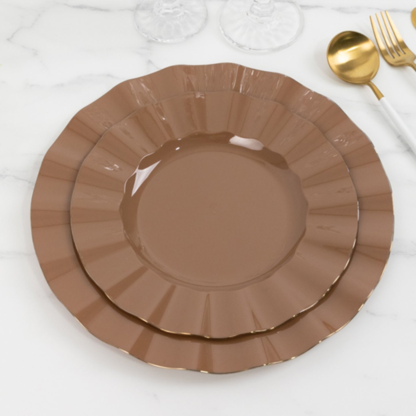 Coffee brown disposable dinner plates with gold ruffled rim.