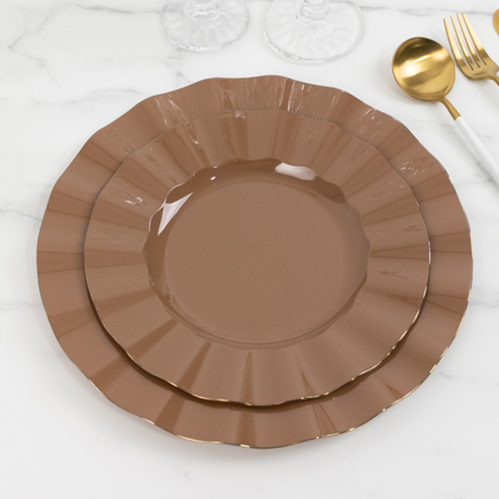 Coffee brown disposable dinner plates with gold ruffled rim.