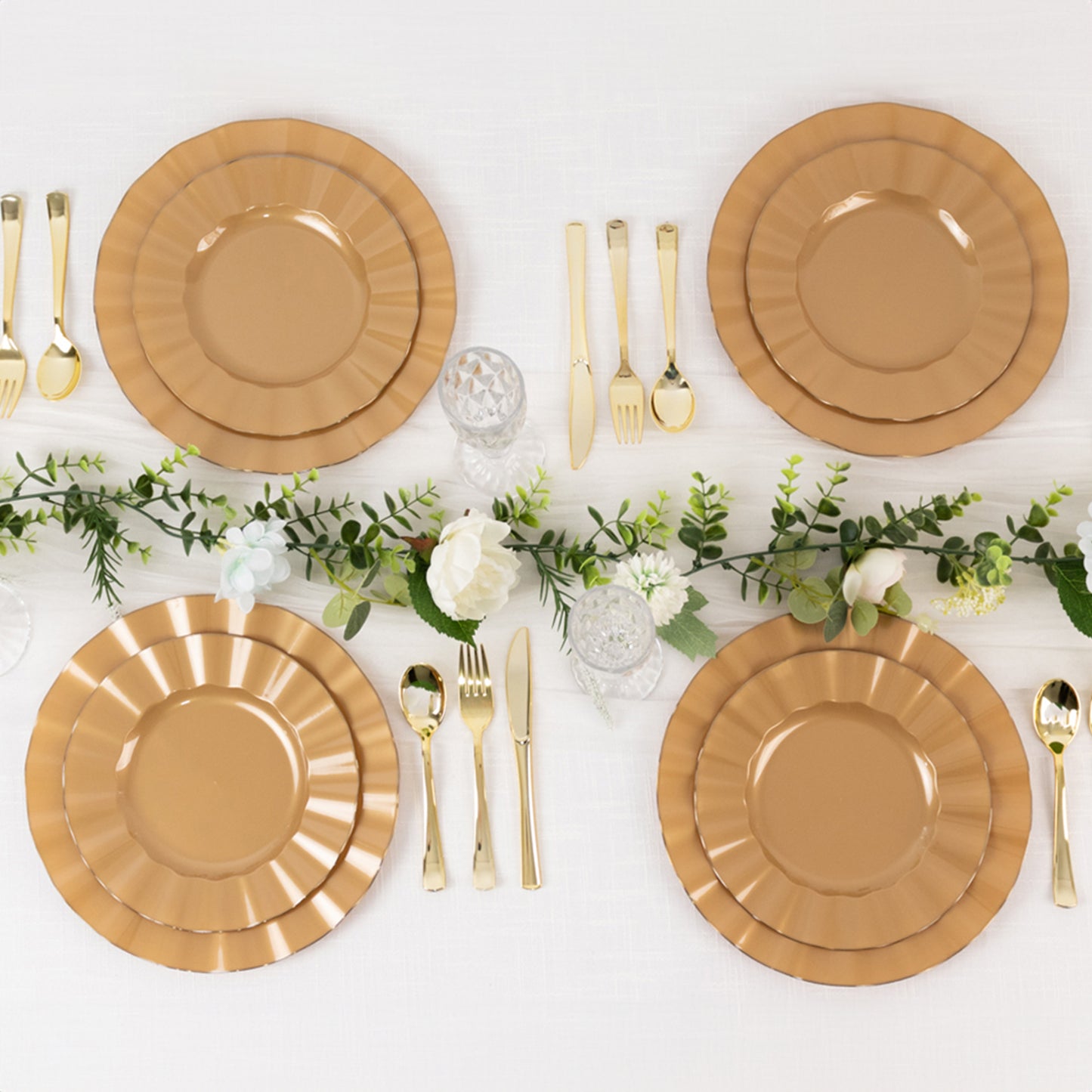 10 Pack 9" Gold Heavy Duty Disposable Dinner Plates with Ruffled Rim, Hard Plastic Dinnerware