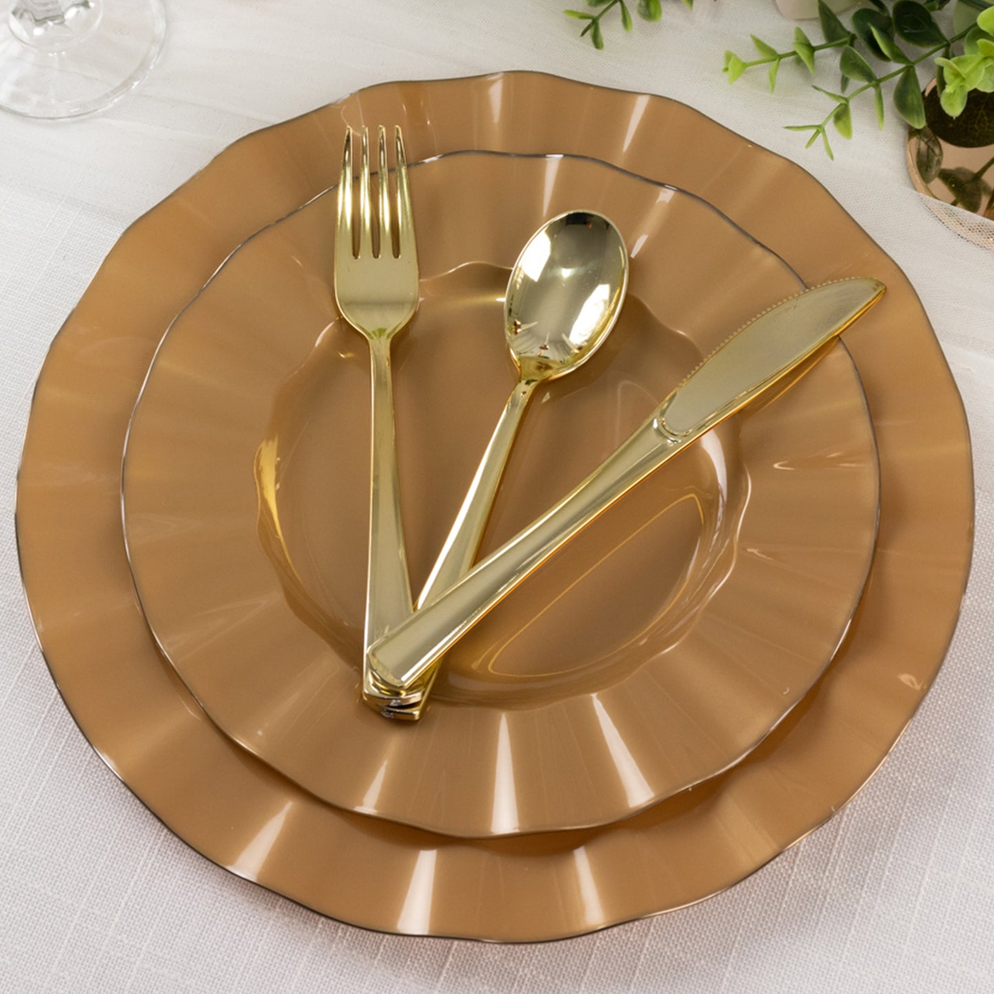 10 Pack 9" Gold Heavy Duty Disposable Dinner Plates with Ruffled Rim, Hard Plastic Dinnerware