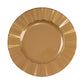 Gold disposable dinner plate with ruffled rim, 9 inches, heavy-duty plastic.