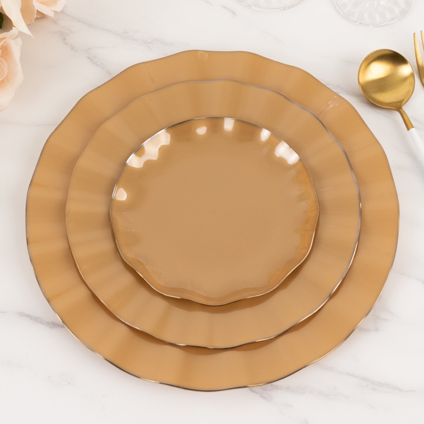 10 Pack 9" Gold Heavy Duty Disposable Dinner Plates with Ruffled Rim, Hard Plastic Dinnerware