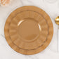 Gold disposable dinner plates with ruffled rim, heavy-duty plastic dinnerware.