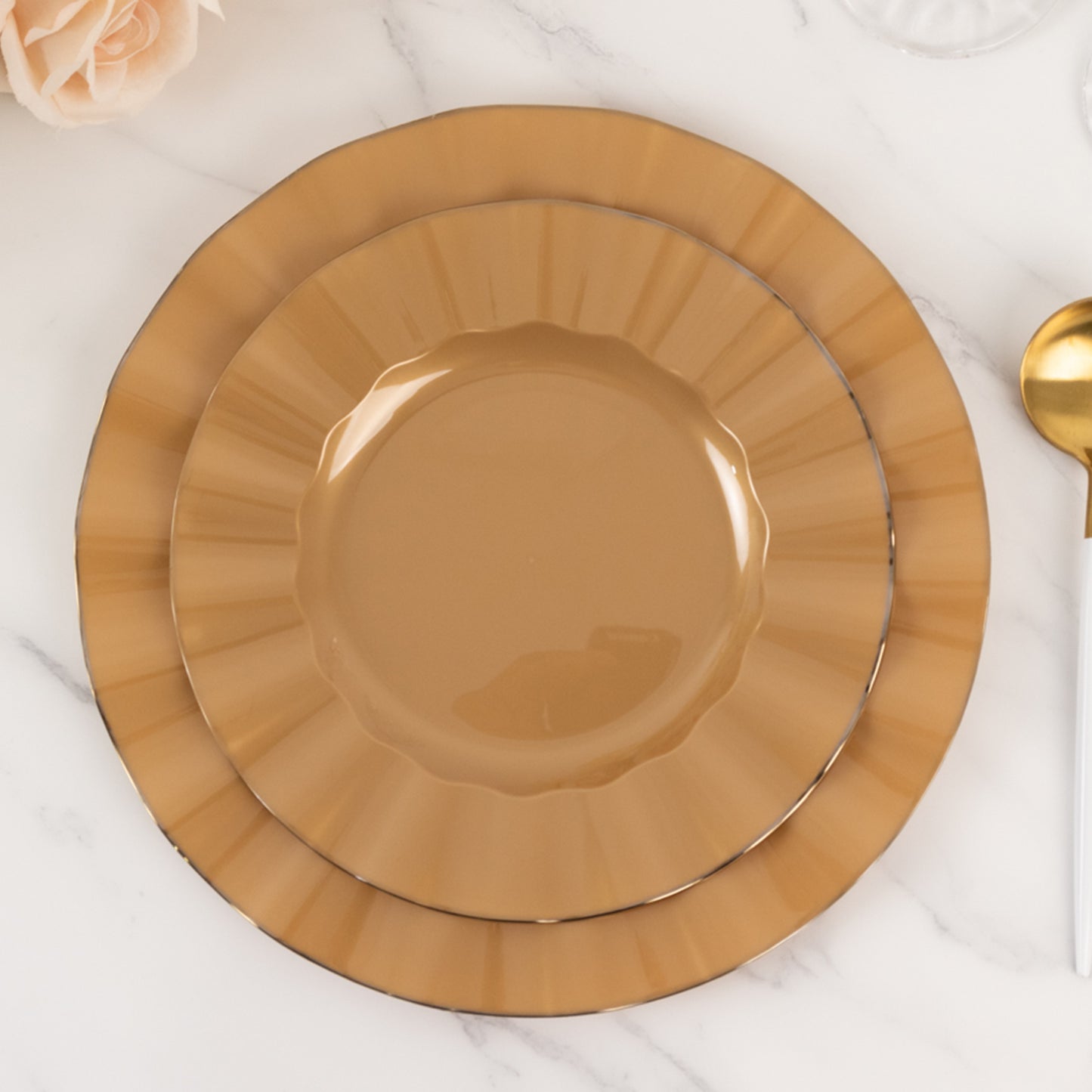 10 Pack 9" Gold Heavy Duty Disposable Dinner Plates with Ruffled Rim, Hard Plastic Dinnerware