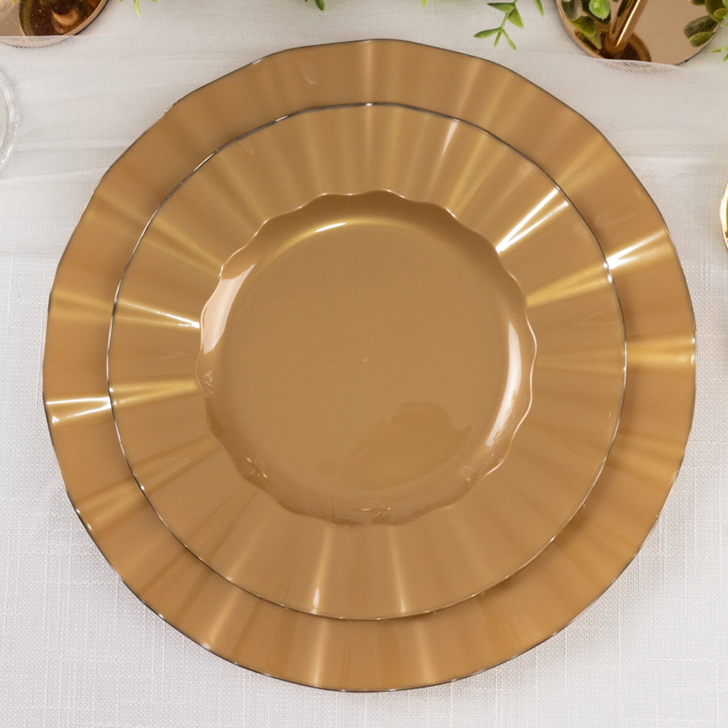 10 Pack 9" Gold Heavy Duty Disposable Dinner Plates with Ruffled Rim, Hard Plastic Dinnerware