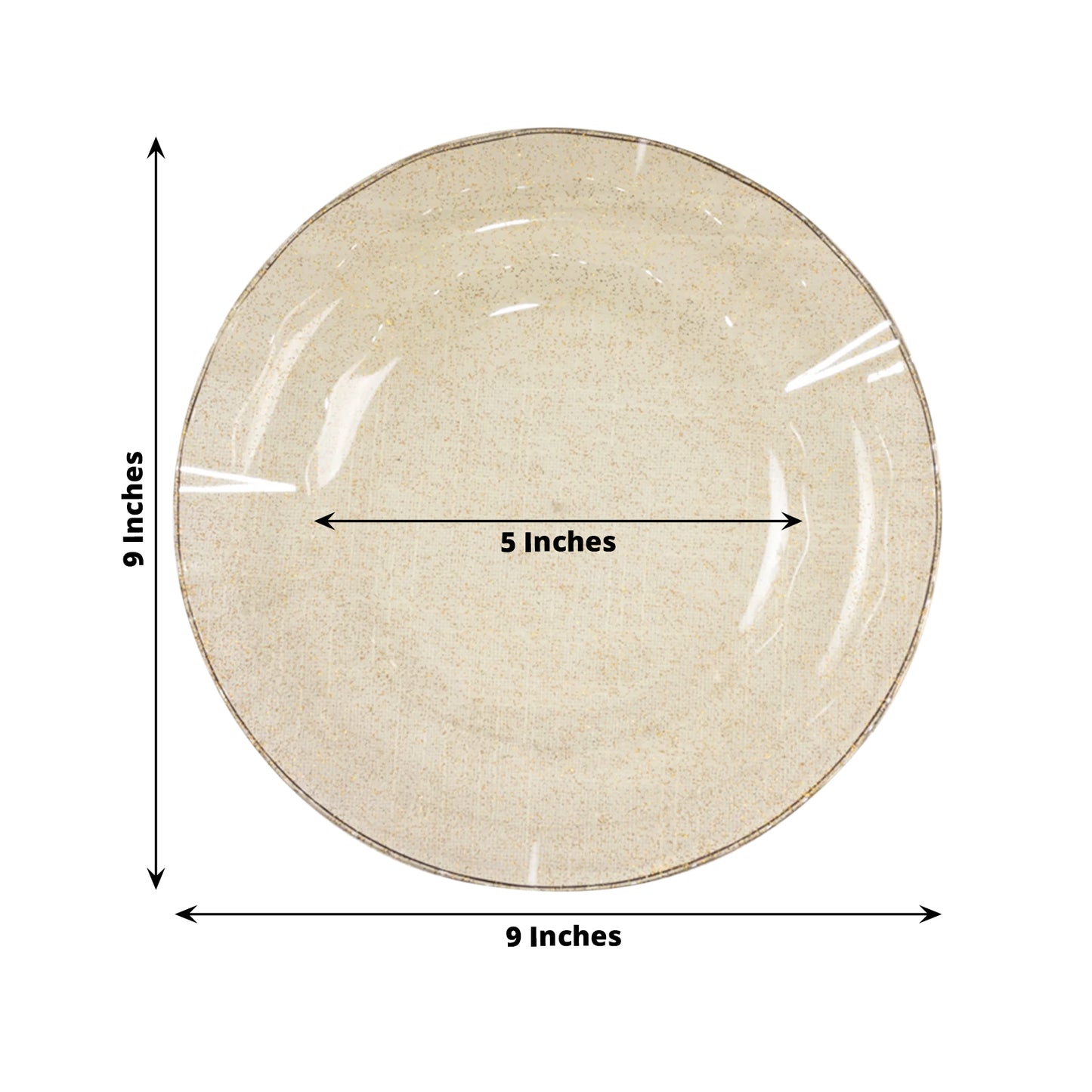 Gold glitter plastic dinner plates with ruffled rim, 9 inches, heavy duty.