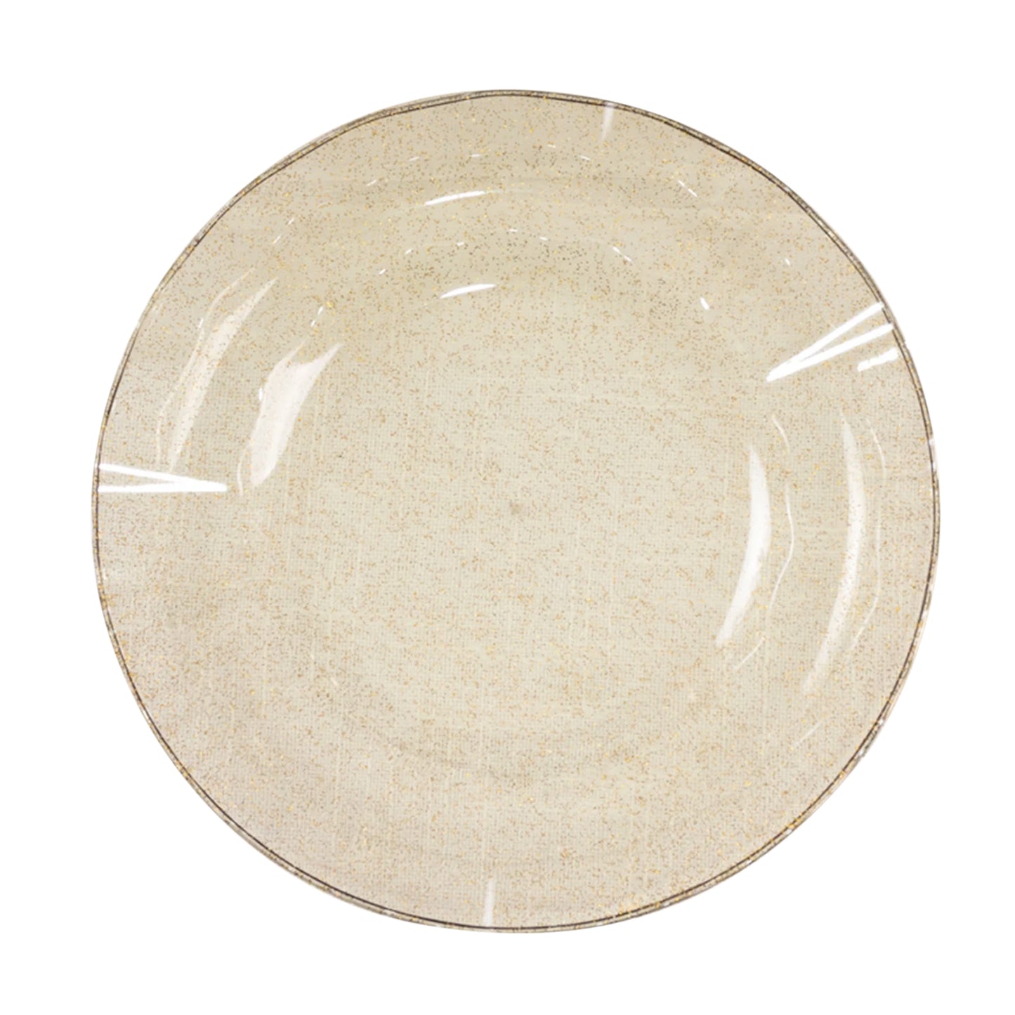 Gold glitter disposable dinner plate with ruffled rim, 9 inches in diameter.