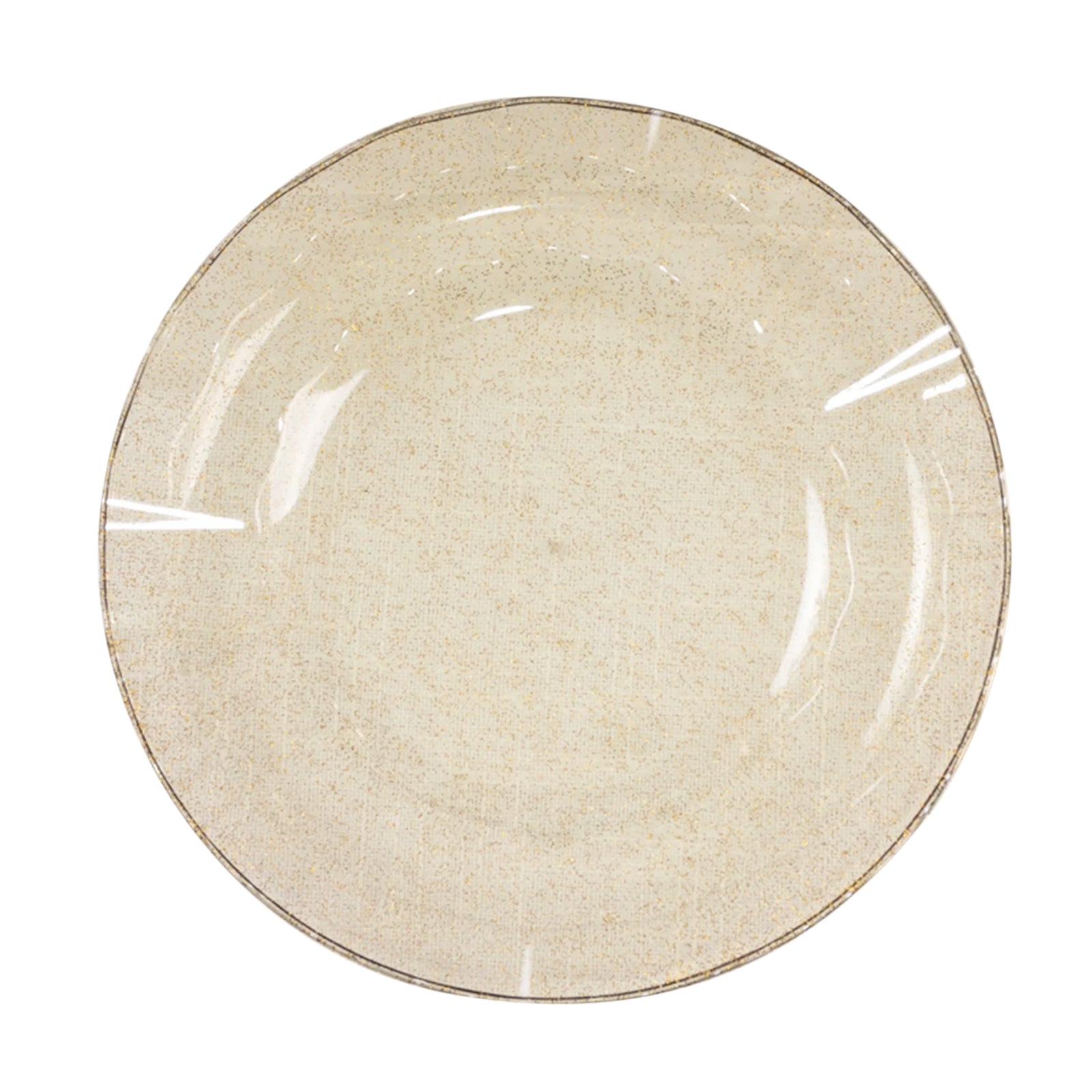 Gold glitter disposable dinner plate with ruffled rim, 9 inches in diameter.