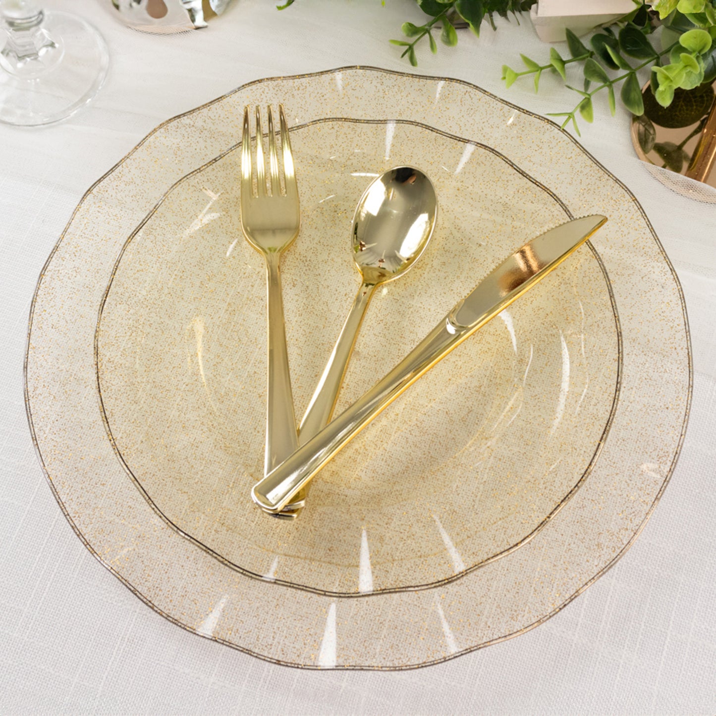 10 Pack Gold Glitter Plastic Dinner Plates with Ruffled Rim, Transparent Heavy Duty Round Disposable Party Plates - 9"