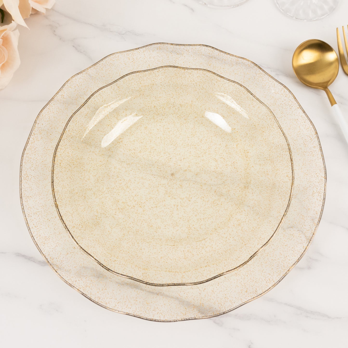 10 Pack Gold Glitter Plastic Dinner Plates with Ruffled Rim, Transparent Heavy Duty Round Disposable Party Plates - 9"