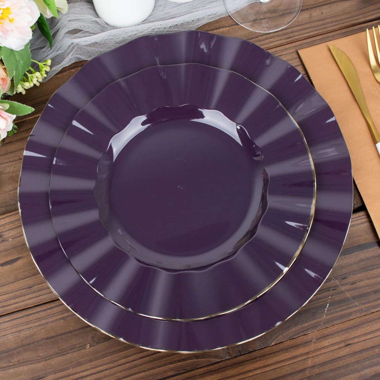 10 Pack | 9" Purple Hard Plastic Dinner Plates with Gold Ruffled Rim, Heavy Duty Disposable Dinnerware