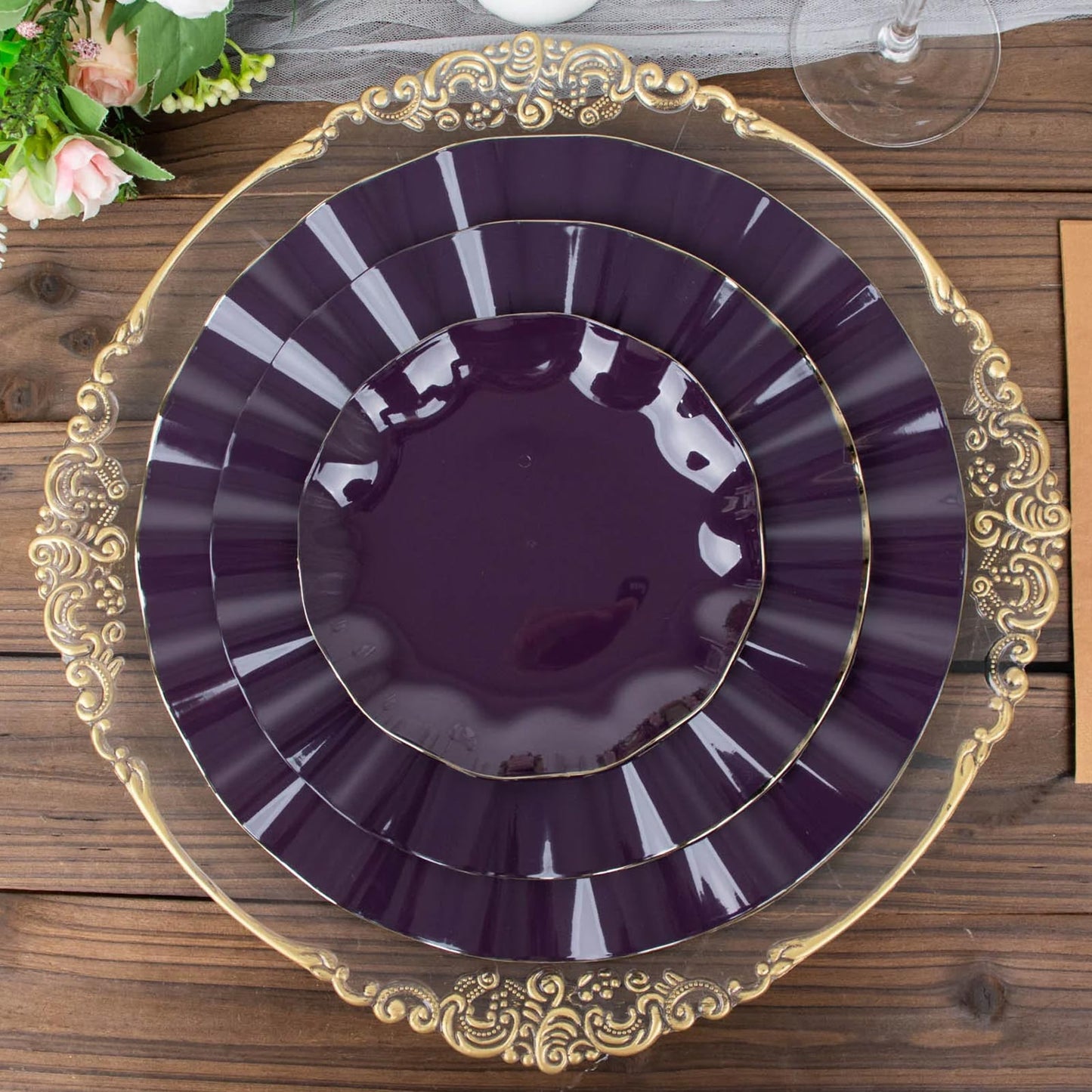 10 Pack | 9" Purple Hard Plastic Dinner Plates with Gold Ruffled Rim, Heavy Duty Disposable Dinnerware