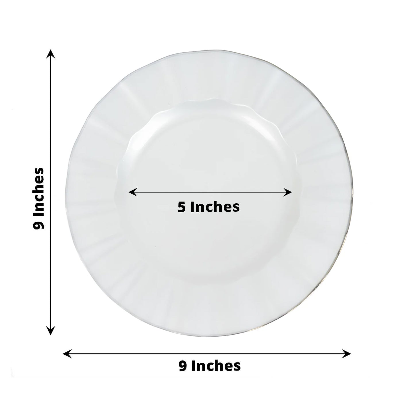 Pearl white ruffled rim dinner plate with gold edging, 9 inches in diameter.