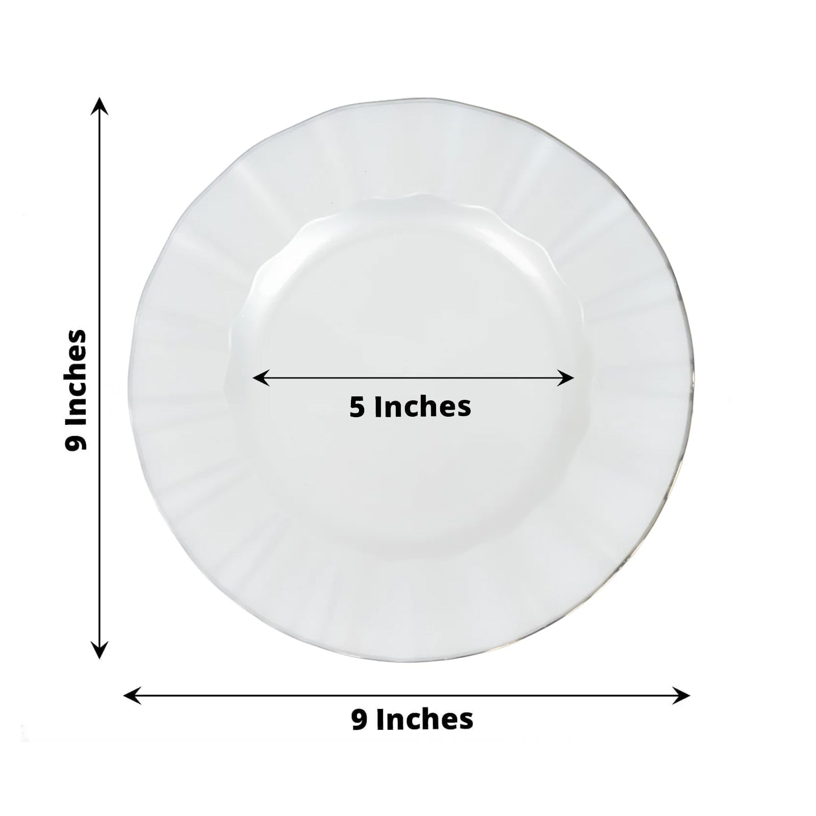Pearl white ruffled rim dinner plate with gold edging, 9 inches in diameter.