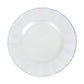 Pearl white ruffled rim dinner plate with gold edging.