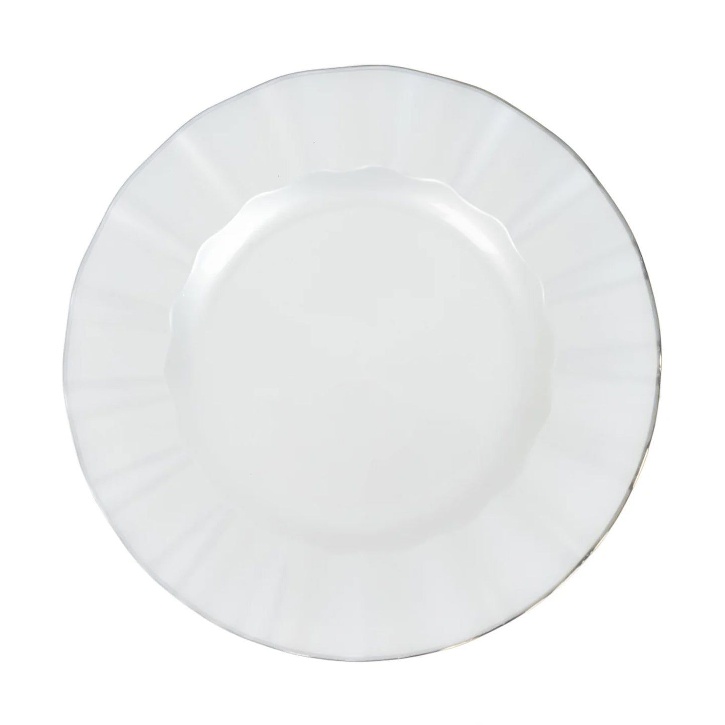 Pearl white ruffled rim dinner plate with gold edging.