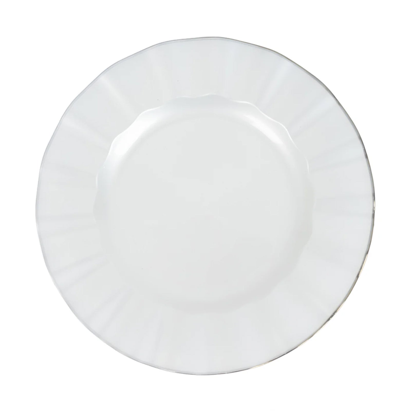 Pearl white ruffled rim dinner plate with gold edging.