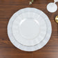 Pearl white ruffled rim dinner plates with gold edging, perfect for classy events.