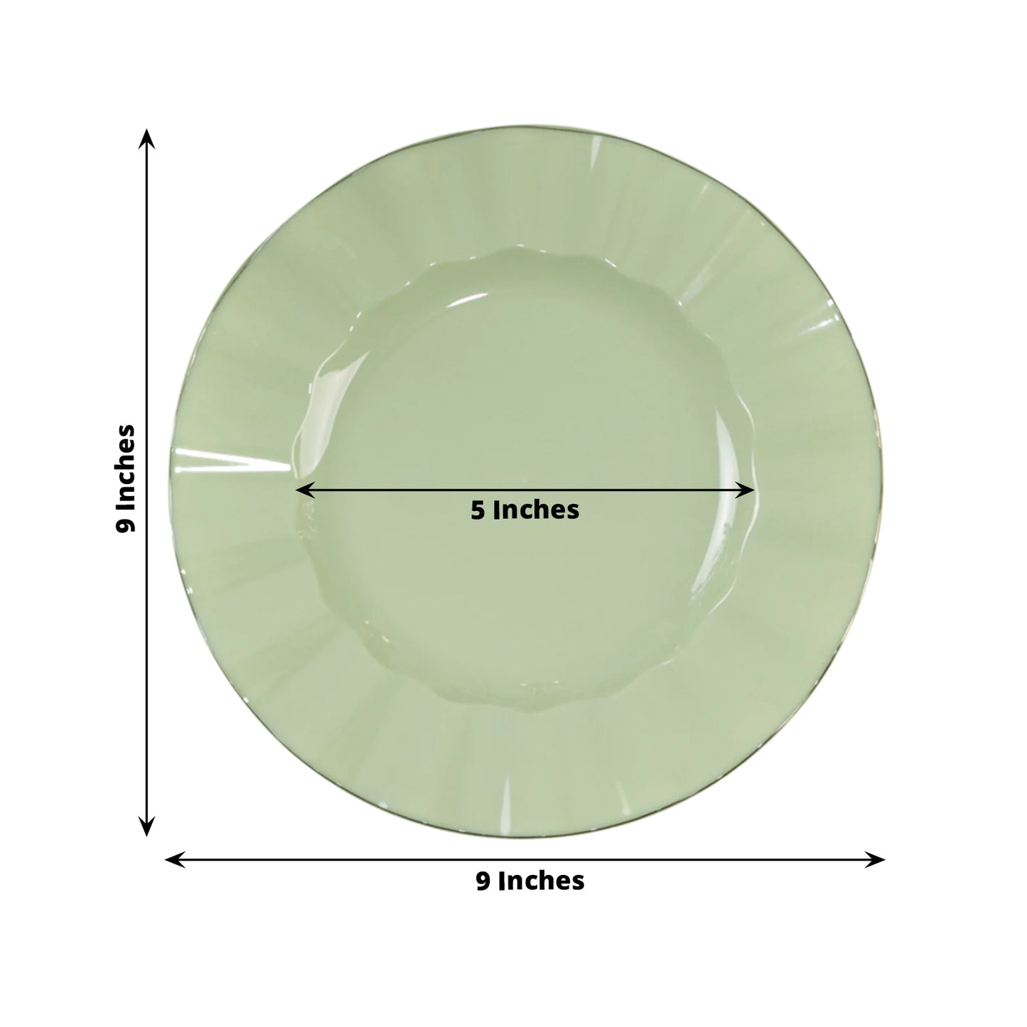 10 Pack 9" Sage Green Heavy Duty Disposable Dinner Plates with Gold Ruffled Rim, Hard Plastic Dinnerware