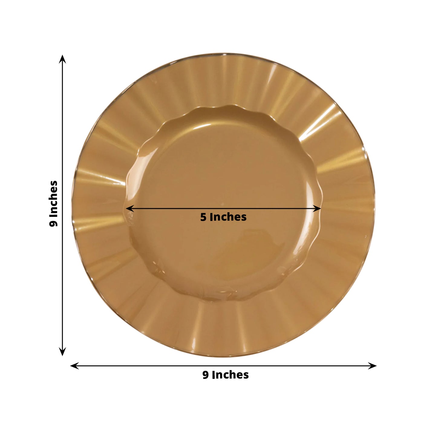 10 Pack 9" Gold Heavy Duty Disposable Dinner Plates with Ruffled Rim, Hard Plastic Dinnerware